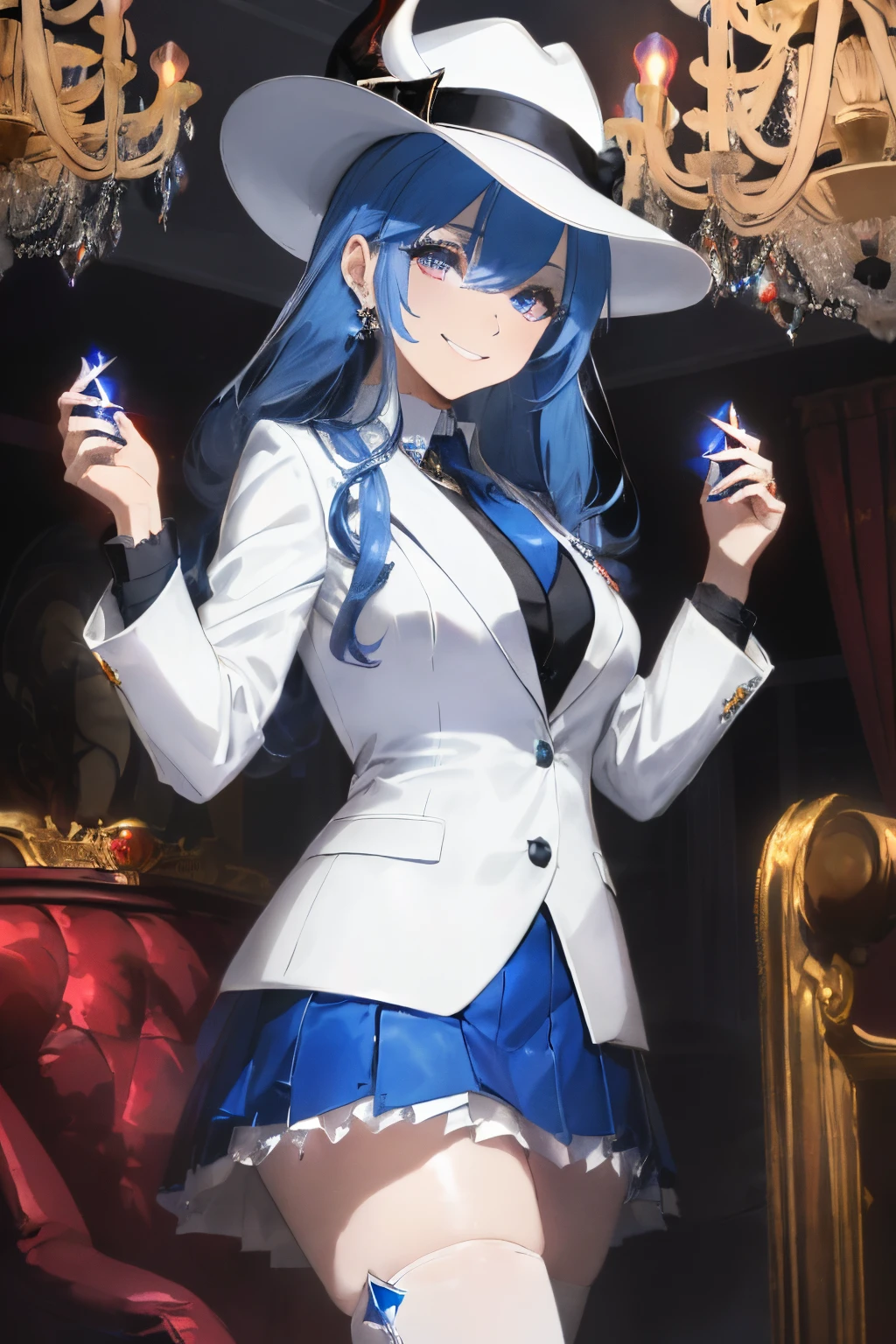 ((shiny blue hair)),((blue eyelashes and voluminous hair),(Curled Hair),((White suit)),((mafia style suit)),(wearing a jacket over&#39;Shoulder),((Handgun in hand)),Slight red tide,(Happy smile),((White tight skirt)),(Long black boots),((white hat with a black band and white horns or ears)),((white hat with ears)),(A hellish calamity like the demon world々The World),((shining chandelier)),