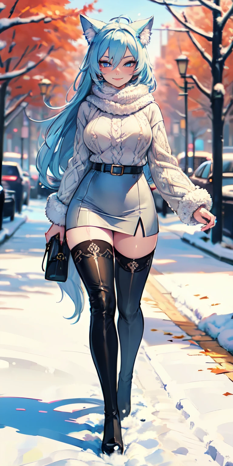 Nsfw, Masterpiece, 8k, art style by sciamano240, very detailed face, detailed clothes, detailed fabric, 1girl, beautiful face, asymmetrical long hair, light blue hair, wearing cute winter clothes, pencil slit skirt, Dior thigh boots, black stockings ,very detailed blue cat eyes, walking outside, cute smirk, sunny winter setting, full body view, sultry expression,