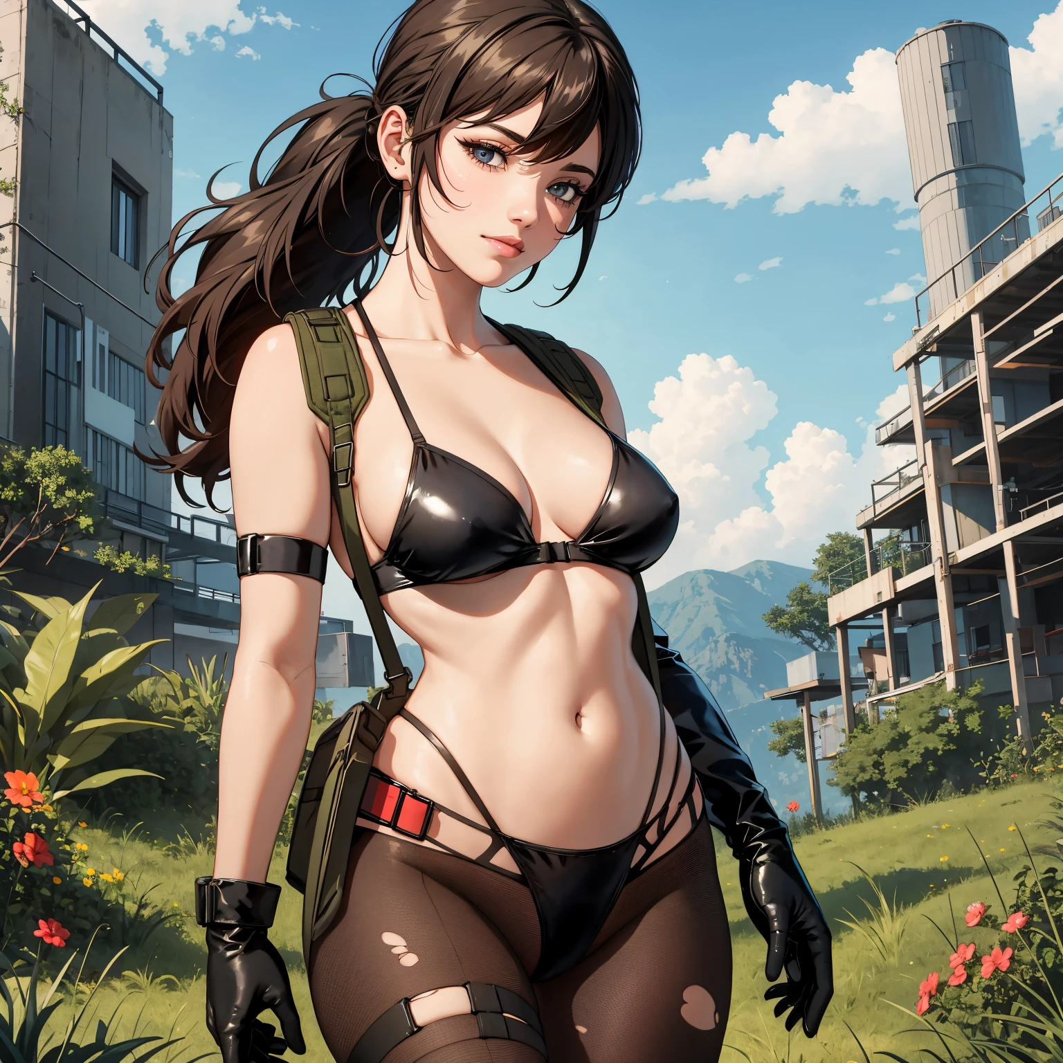 (masterpiece, best quality:1.2), quiet (metal gear), 1girl, pantyhose, torn pantyhose, solo, torn clothes, suspenders, front-tie bikini top, bikini, brown hair, swimsuit, breasts, ponytail, gloves, asymmetrical gloves, cleavage, mismatched gloves, large breasts, single elbow glove, navel, elbow gloves, long hair, lips, highleg, highleg bikini, black bikini, looking at viewer, smile, from behind, hand on own chest, outdoors, field, grass, sunset, clouds