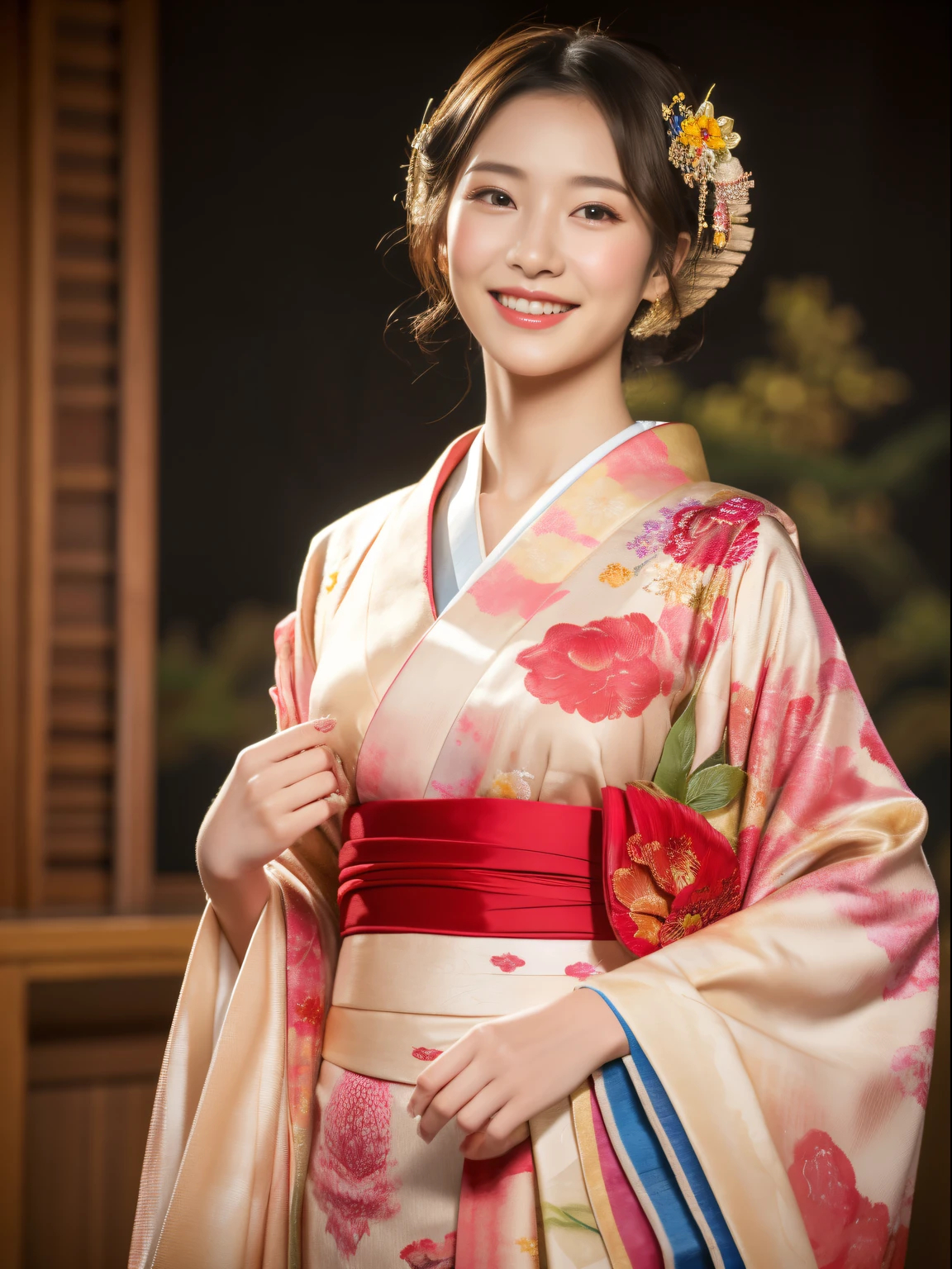 high-definition picture,Unparalleled beauty details,Kimono, Obi, (8K, Raw photo, Best Quality, masutepiece: 1.2), Details of a beautiful woman wearing beautiful Japanese clothes,(Realistic: 1.6), (masutepiece), (Best Quality: 1.0), (Ultra Hi-Res: 1.0), detail, 20s, One, Detail beautiful skin,Standing in front of a curtain,Full body high-definition painting,Smiling and looking at the camera, Detail room, ,Realistic skin,,Full body high-definition painting