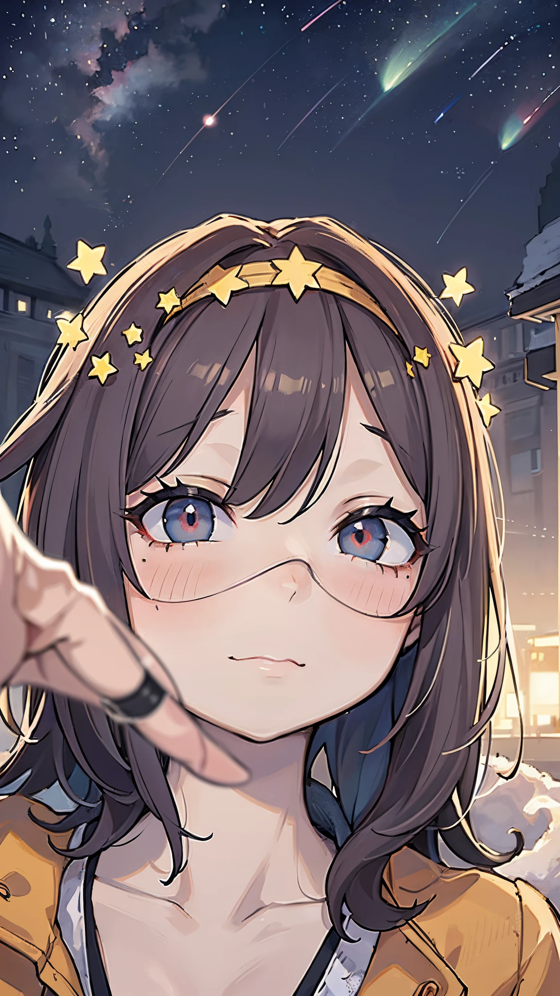 a close up of a woman with a headband with stars on it, with stars, with kind face, wearing angel halo, with accurate face, blurry image, tumblr, face picture, asian face, wearing angel halo covered face, with round face, face  brightly lit, potrait, profile image, stars in her eyes, background  heavenly, non blurry