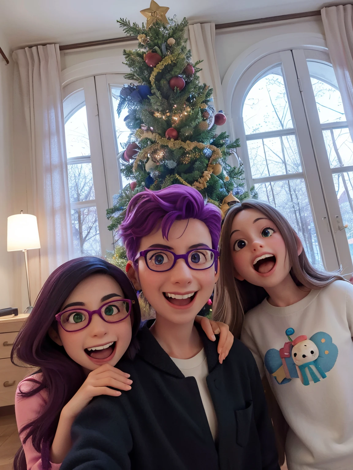 there are three girls that are posing for a picture in front of a christmas tree, with a tree in the background, very silly looking, taken in the early 2020s, happy!!!, trees!!, family photo, trees in the background, taken in 2 0 2 0, in a tree, goth family, 4k still, 8k selfie photograph, purple hair, pajamas