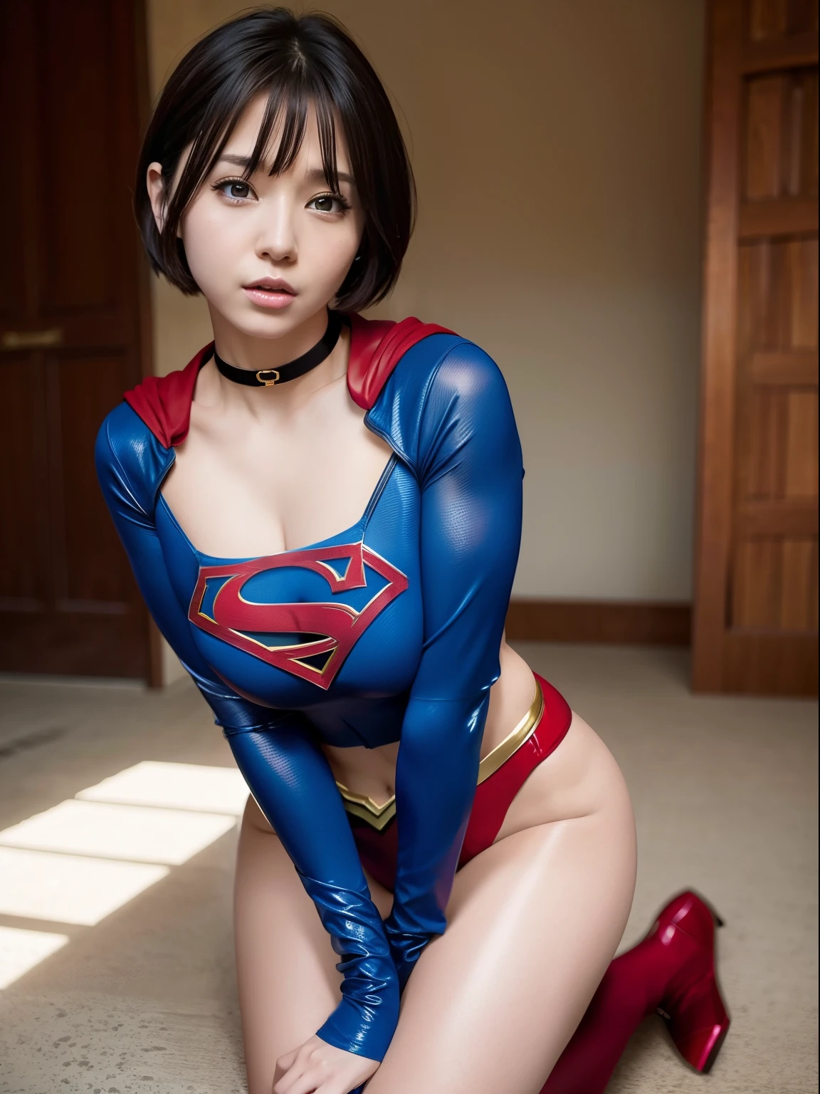 ​masterpiece、Short-haired Supergirl crouching in front of camera、large full breasts、Looking at the camera、Glossy costume、a choker、seduces、estrus、Cowgirl、Trance、Fayue、enjoyment、The sheen