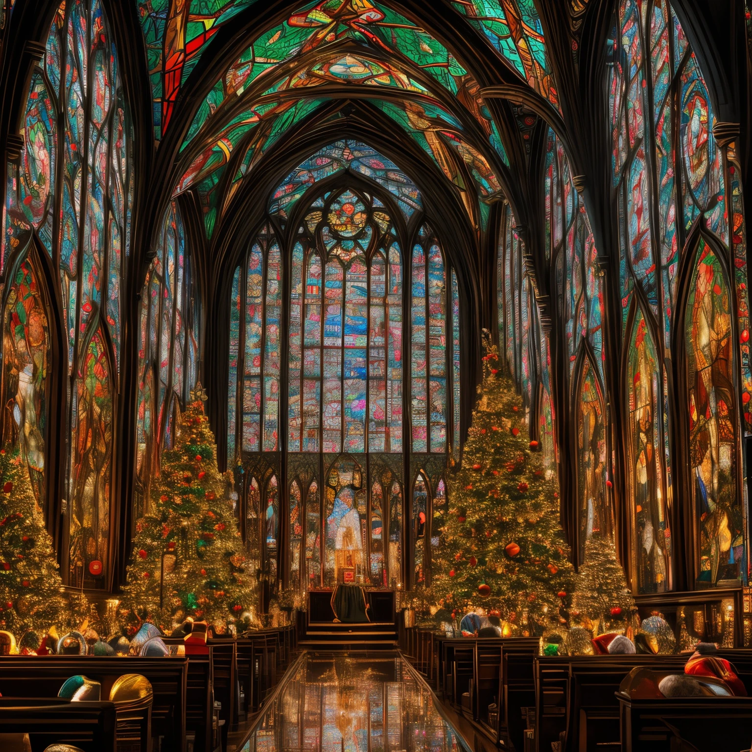 portrait, super high quality, 8k, RAW photo, realistic, detailed and delicate depiction and flashy and dynamic painting method, stained glass pattern style, black line color art, Santa Claus, reindeer, and Christmas trees in the stained glass, people offering prayers cut out in black, carefully calculated stained glass pattern, background kaleidoscope, professional flare lighting