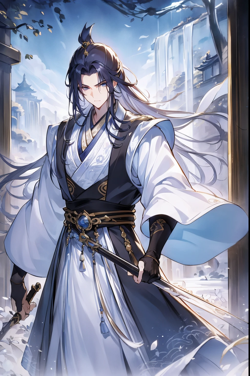 (Best quality at best,A high resolution,The image  clear:1.2),Ultra detailed backgrounds,Beautiful man standing holding sword，this it，wind blowing through，Chinese-style clothes,Clothes are，Garden scene,under moonlight,waterfall man，Romantic atmosphere,Dutch Angle Shot,gentlesoftlighting,portrait of upper body，