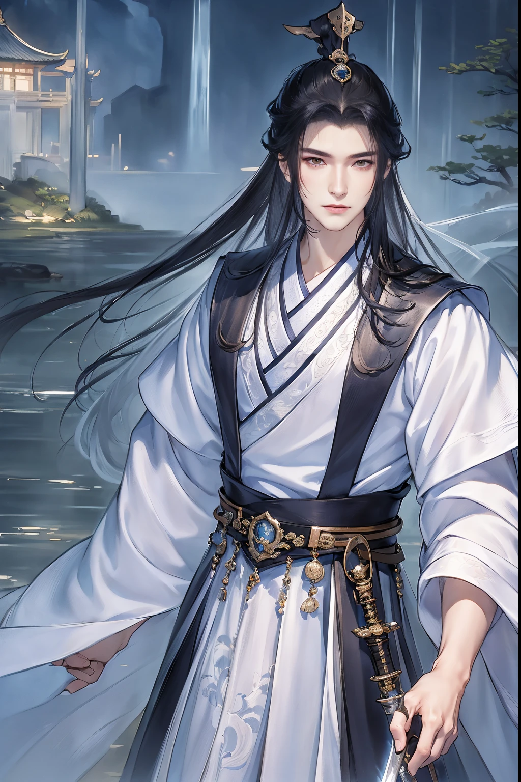 (Best quality at best,A high resolution,The image  clear:1.2),Ultra detailed backgrounds,Beautiful man standing holding sword，this it，wind blowing through，Chinese-style clothes,（The clothes ar：1.5），Garden scene,under moonlight,waterfall man，Romantic atmosphere,Dutch Angle Shot,gentlesoftlighting,shelmet，portrait of upper body，