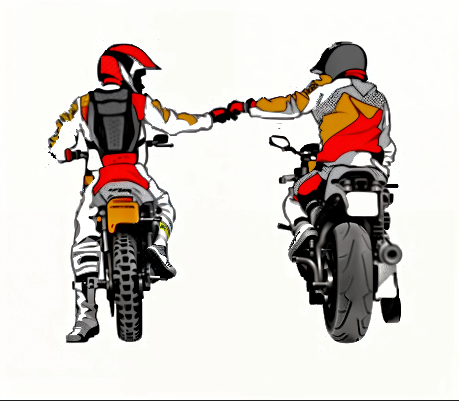 two people on motorcycles shaking hands, Motocicletas, reaching out to each other, amizade, pilotando uma motocicleta, 🚿🗝📝, motociclista, motociclista, head-to-shoulder, moto dakar, apenas vermelho e cinza, andar de moto, shaking hands, motocicleta, rotoscopia, motocicleta, Ilustrativos!!, colaborativo, Collaboration