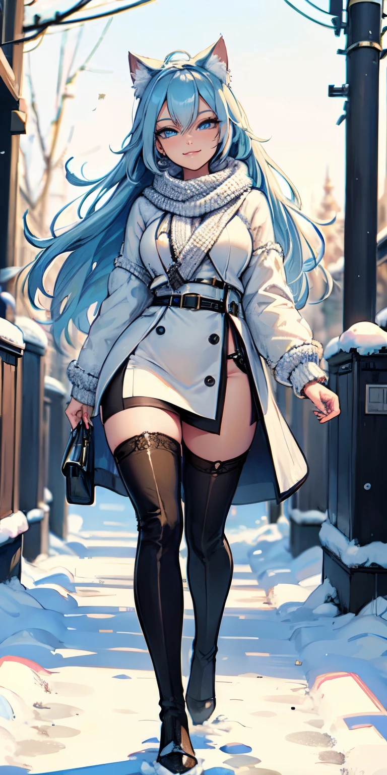 Masterpiece, 8k, art style by sciamano240, very detailed face, detailed clothes, detailed fabric, 1girl, beautiful face, asymmetrical long hair, light blue hair, wearing cute winter clothes, pencil slit skirt, Dior thigh boots, black stockings ,very detailed blue cat eyes, walking outside, cute smirk, sunny winter setting, full body view, sultry expression,
