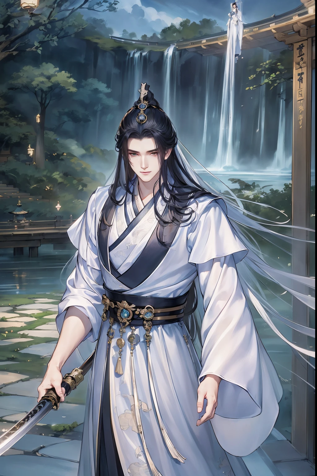 (Best quality,A high resolution,The image  clear:1.2),Ultra detailed backgrounds,Beautiful man standing holding sword，this it，wind blowing through，Chinese style clothes,,Garden scene,under moonlight,waterfall man，Romantic atmosphere,Dutch Angle Shot,gentlesoftlighting,shelmet