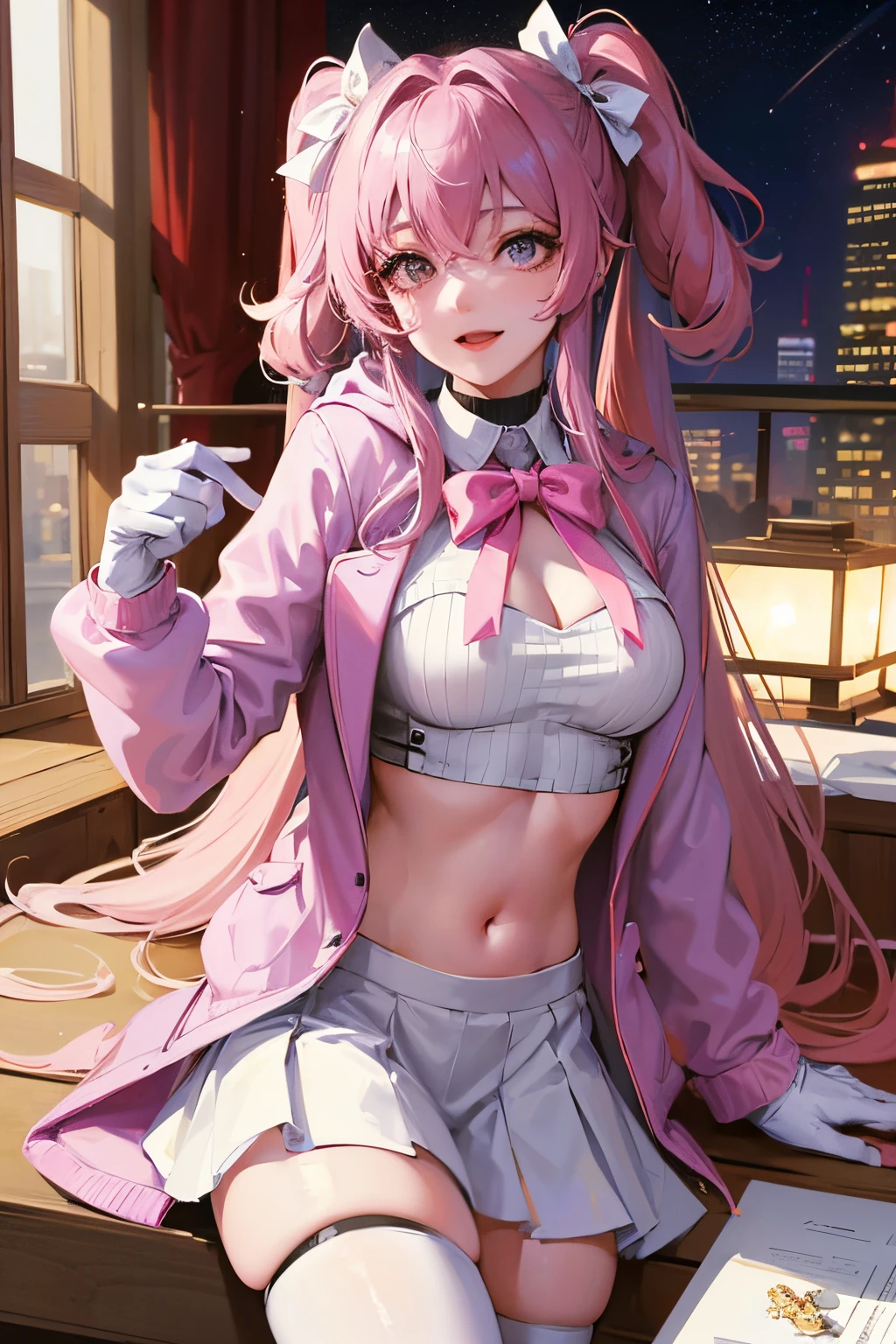 tmasterpiece, Best quality at best, As estrelas, looking over city, intense shading, actual, a true, unbelievable_Huang Li, Wallpapers, Colorful, girl, Long gray hair, with pink hair, curlies, view the viewer, Smilingly, Excited, ribbed sweater, hoody ,(Lower bust:1.3), Crop top, tee shirt， Minkitz, White panty hose, the bow, the hair_the bow, Pink collar , Wear gloves at the elbows , half gloves , ear nipple ring, ,