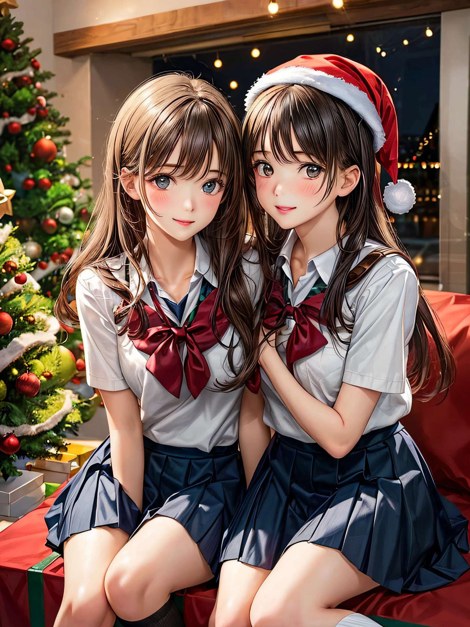 (2girls:1.4), Extremely cute, amazing face and eyes beautiful nice smile), (extremely detailed beautiful face), bright and shiny lips, (School uniform, Pleated skirt:1.3), (Best Quality:1.4), (hyper quality), (Ultra-detailed), (Hyper-realistic, Photorealsitic:1.37), Authentic skin texture, intricate-detail, extremely detailed CG unified 8k wallpaper, RAW Photos, professional photograpy, Cinematic lighting, Exposing, Christmas tree, Christmas Ornaments, Christmas Decorations, Christmas Lights, Christmas Lights,