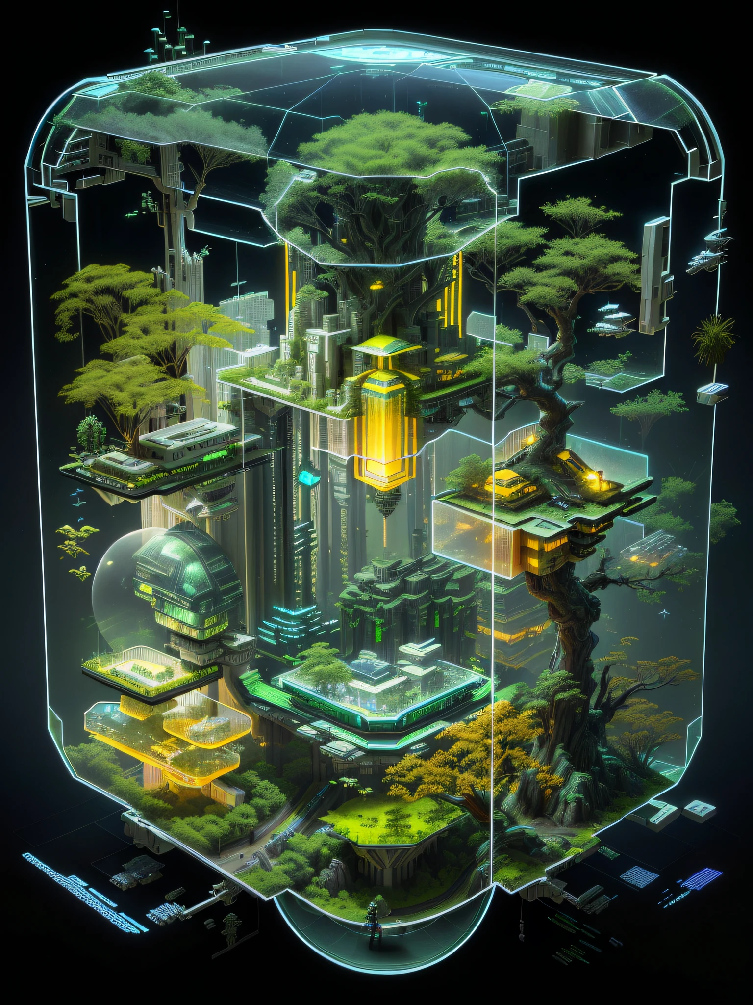 High quality futuristic architecture sci-fi clean futuristic feel , isometric invironment, cyberpunk tree house, isometric art, utopian jungle in space,3 d epic illustrations, Surreal + The photos are very detailed, graphic of enchanted terrarium, Complex 3 D rendering, a 3D render, Isometric plot, beeple masterpiece
