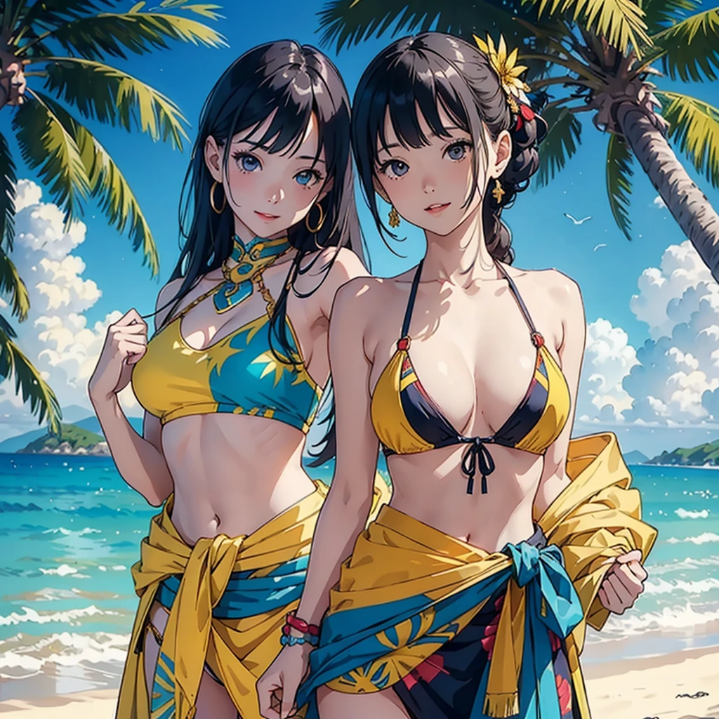 ​masterpiece、top-quality、超A high resolution、 [ 4 k digital art ]!!、 8k high quality detailed art、Wallpaper、 Detailed Digital Anime Art、Realisticity、Cinema Angle、hposing Gravure Idol、((One Beautiful Girl))、cute  face、 (((Detailed depiction of a beautiful face)))、kindly smile、年轻、Bikini swimwear、Photorealistic perfect body、(Bold ethnic patterns wrapped around the waist and skirt and plenty of primary colors)、light Particle、llight rays、Tropical、Against the background of palm trees on both sides、on a sunny beach、Against the background of the sea、blur backgroun、