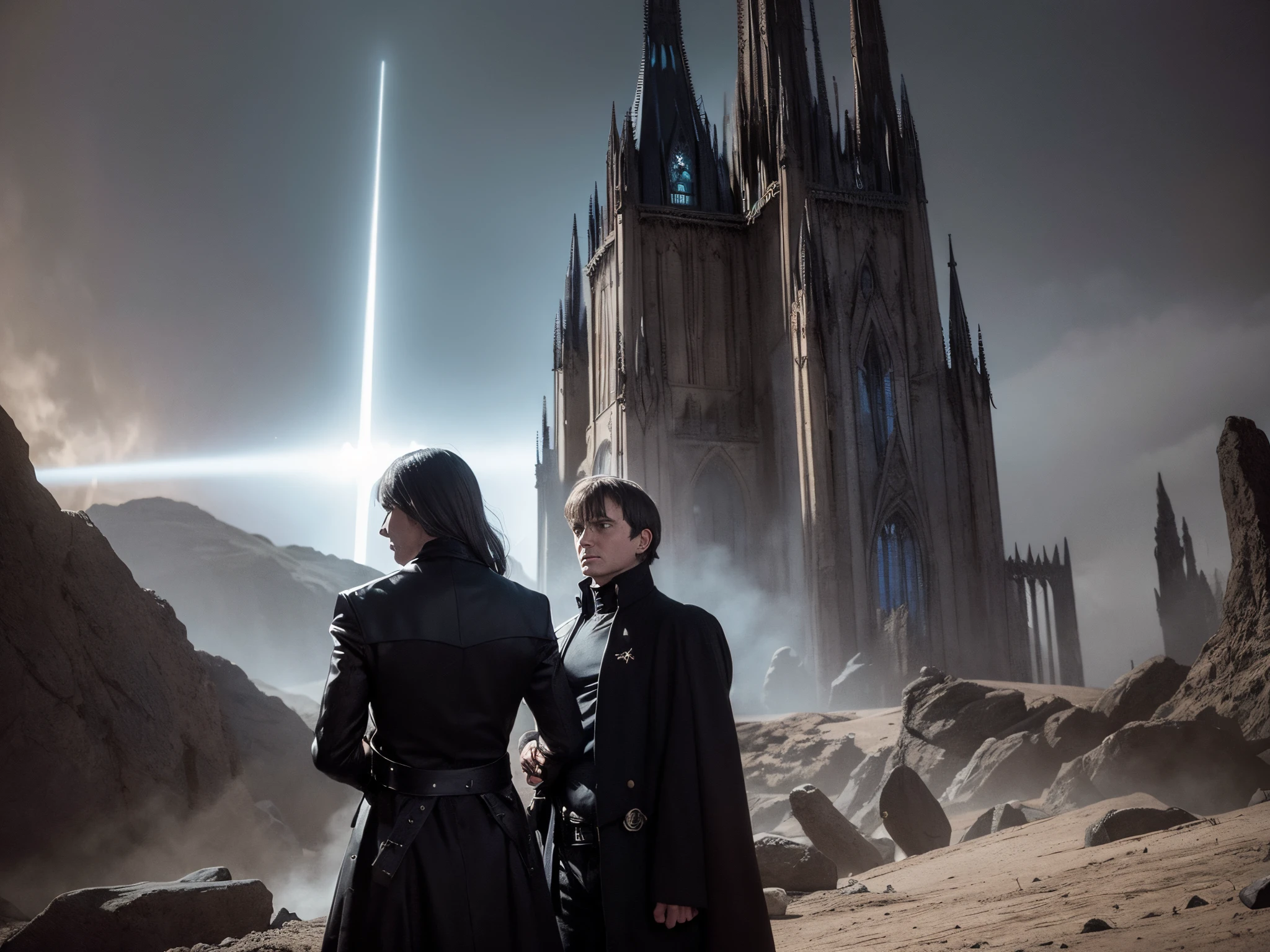 Infuse a gothic and dramatic atmosphere into the scene, portraying the crew, enormous tits, of the starship Enterprise NCC-1701D in a mysterious and cosmic setting. Reference the gothic art of Caspar David Friedrich or Francisco Goya.