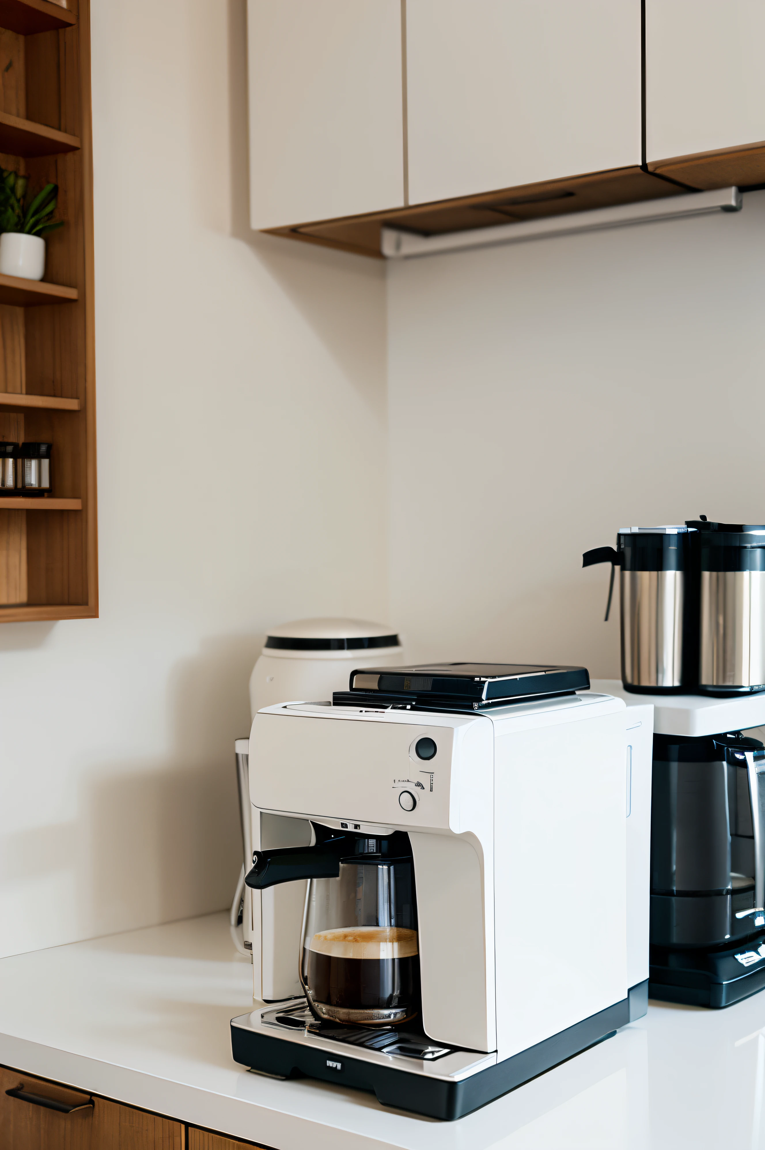 In a predominantly white kitchen,A white table placed in front,There a white coffee machine on the table。A bouquet of bright flowers placed on the coffee machine,There are a few cookies next to it。There a cup of coffee on the right side of the coffee machine,There's a croissant next to it。A few scattered coffee beans are randomly distributed in the picture,Enhanced sense of space。
well-illuminated,Focus sharp,The picture delicate and delicate,Gives a sense of realism and photorealism。This scene gives people a sense of tranquility、Comfortable and elegant feel,Full of exquisite details and quality。