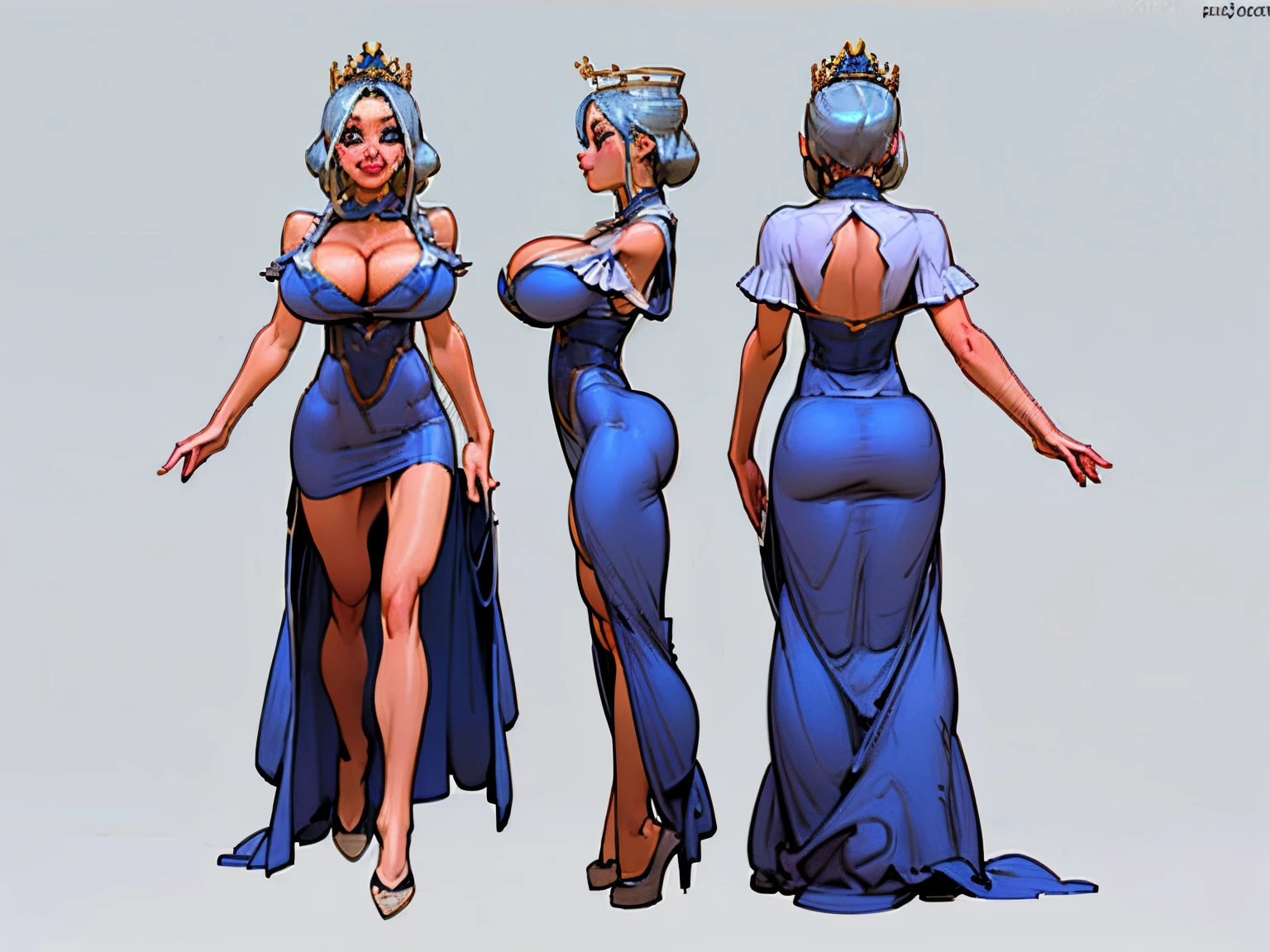((masterpiece)),(((best quality))),(character design sheet,same character,front,side,back),illustration,1 girl,silver hair,princess cut,hair on eyes,beautiful eyes,environment Scene change, pose too, gorgeous princess dress, jewelry, crown, gorgeous, peacock aesthetic, magic, charturnbetalora, ( background, white background: 1.3), gigantic breasts, cleavage cutout, royalty