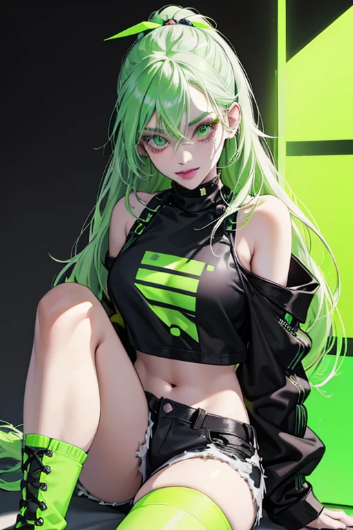 ((masterpiece, best quality, high resolution)), expressive eyes, perfect face, solo, pigtails, green hair, light-blue eyes, medium breasts, black t-shirt, black skirt, black thighhighs, black sneakers, cyberpunk, sitting on edge