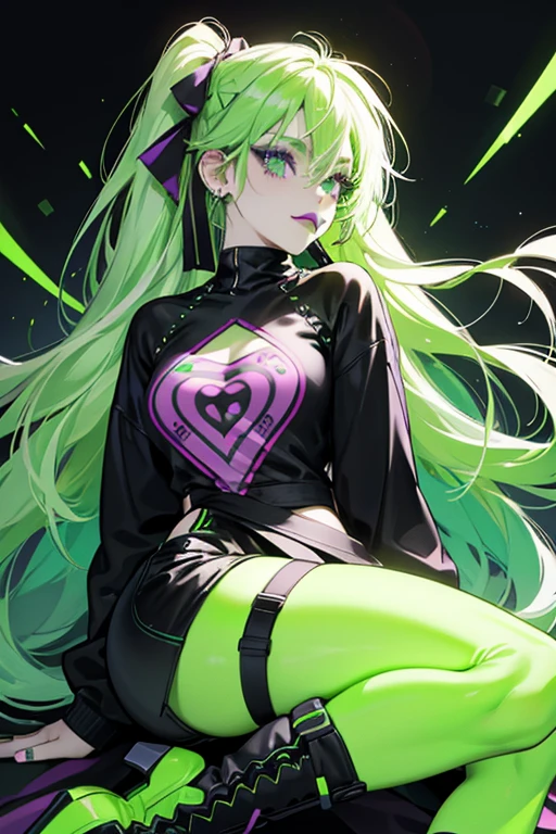 Harley has pastel green skin and neon green straight hair with rows of green and black braids, her eyes are both different shades of mystic purple color. Her makeup comprises of neon green also white graphic eyeliner and black shiny lipstick. Harley’s first outfit consists of a long black and neon green sweatshirt with lots of graphic designs and shiny studs on it, along with light gray and neon green shorts. She also wears tall white and neon green socks with tall black laced boots that say "SH" on the tongue.