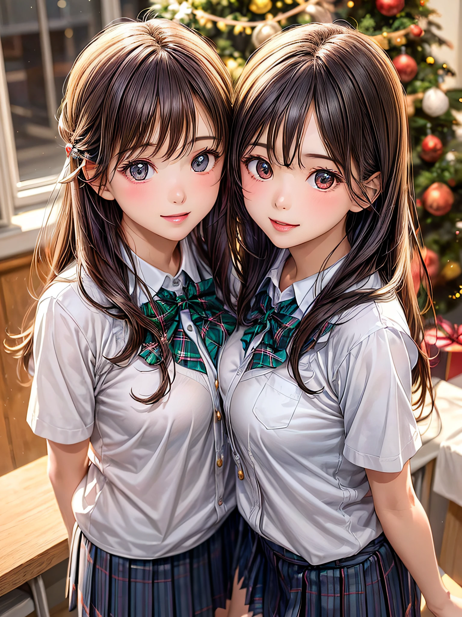 (2girls:1.4), Extremely cute, amazing face and eyes beautiful nice smile), (extremely detailed beautiful face), bright and shiny lips, (School uniform, Pleated skirt:1.3), (Best Quality:1.4), (hyper quality), (Ultra-detailed), (Hyper-realistic, Photorealsitic:1.37), Authentic skin texture, intricate-detail, extremely detailed CG unified 8k wallpaper, RAW Photos, professional photograpy, Cinematic lighting, Exposing, Christmas tree, Christmas Ornaments, Christmas Decorations, Christmas Lights, Christmas Lights,