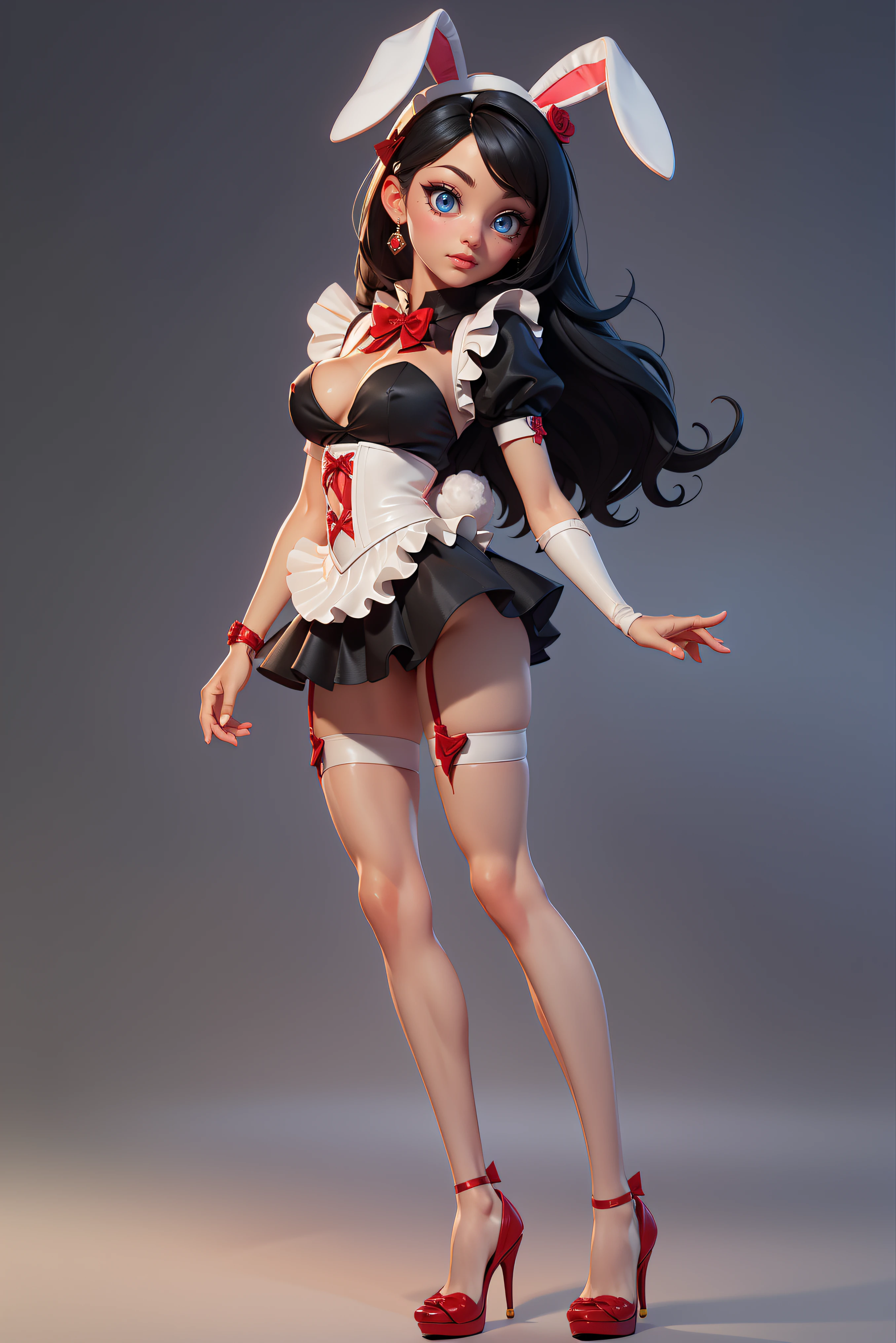 masterpiece, high res, 4k, (perfect anatomy:1.5), perfect long legs, perfect arms, white bunny ears, long black hair, black and white maid outfit with red bows and ribbons, (black stockings), black high heels, cute face, rose cheeks, tiny body, large breasts, sexy pose, sexy body