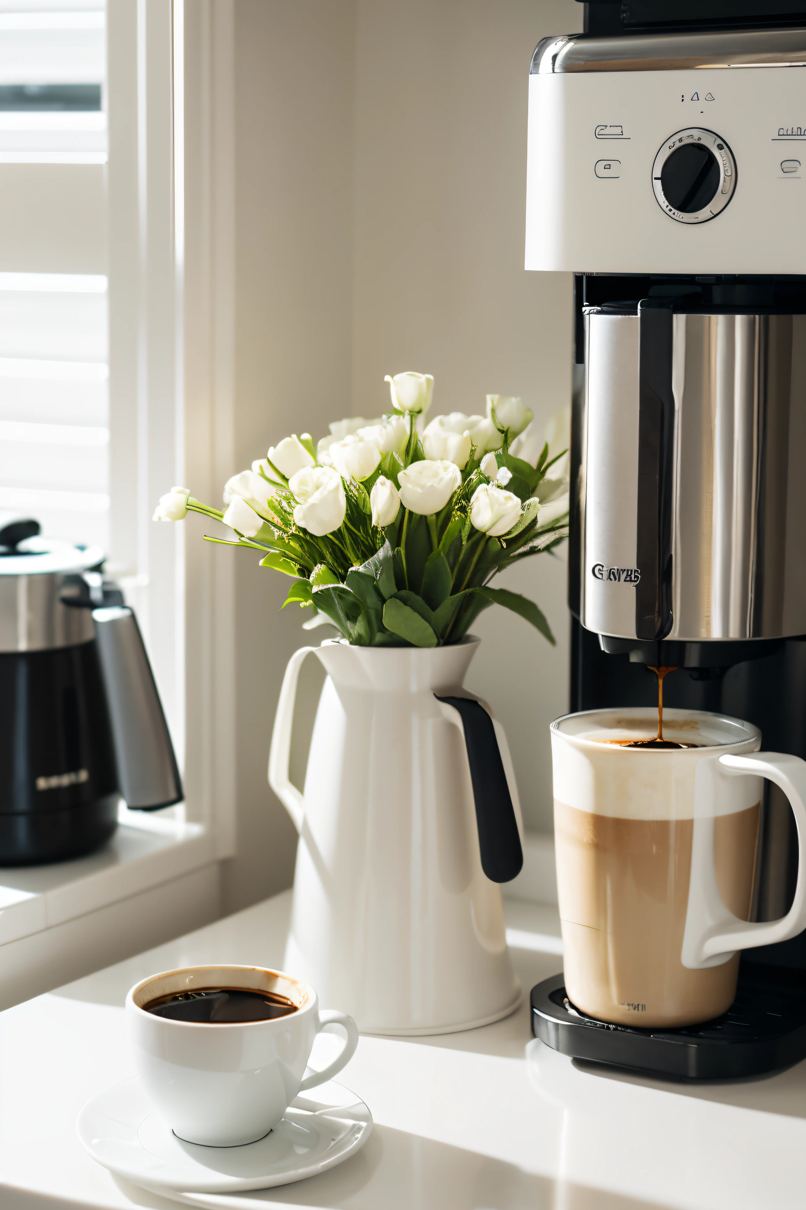 In a predominantly white kitchen,A white table placed in front,There a white coffee machine on the table。A bouquet of bright flowers placed on the coffee machine,There are a few cookies next to it。There a cup of coffee on the right side of the coffee machine,There's a croissant next to it。A few scattered coffee beans are randomly distributed in the picture,Enhanced sense of space。
well-illuminated,Focus sharp,The picture delicate and delicate,Gives a sense of realism and photorealism。This scene gives people a sense of tranquility、Comfortable and elegant feel,Full of exquisite details and quality。