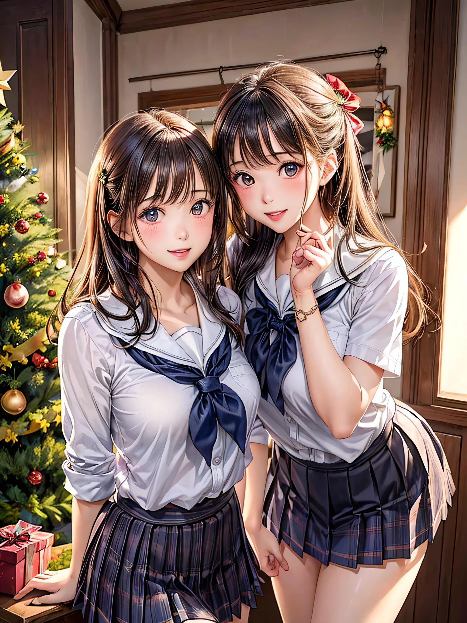 (2girls:1.4), Extremely cute, amazing face and eyes beautiful nice smile), (extremely detailed beautiful face), bright and shiny lips, (School uniform, Pleated skirt:1.3), (Best Quality:1.4), (hyper quality), (Ultra-detailed), (Hyper-realistic, Photorealsitic:1.37), Authentic skin texture, intricate-detail, extremely detailed CG unified 8k wallpaper, RAW Photos, professional photograpy, Cinematic lighting, Exposing, Christmas tree, Christmas Ornaments, Christmas Decorations, Christmas Lights, Christmas Lights,