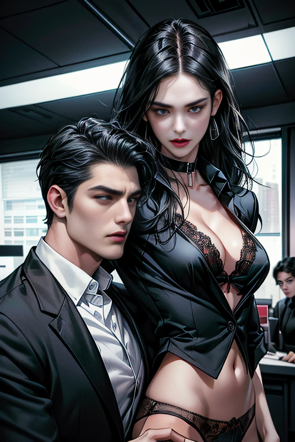 (black haired person, Young black-eyed mafia man wearing a black suit, and people with long hair, black eye, Brown eyed girl wearing a dog collar. Lace panties, White shirt, unbuttoned, Red sheer bra. They&#39;re about to become a couple., prepare to kiss. Blue-black theme ((( office ))), ((Man holding woman&#39;s breasts))