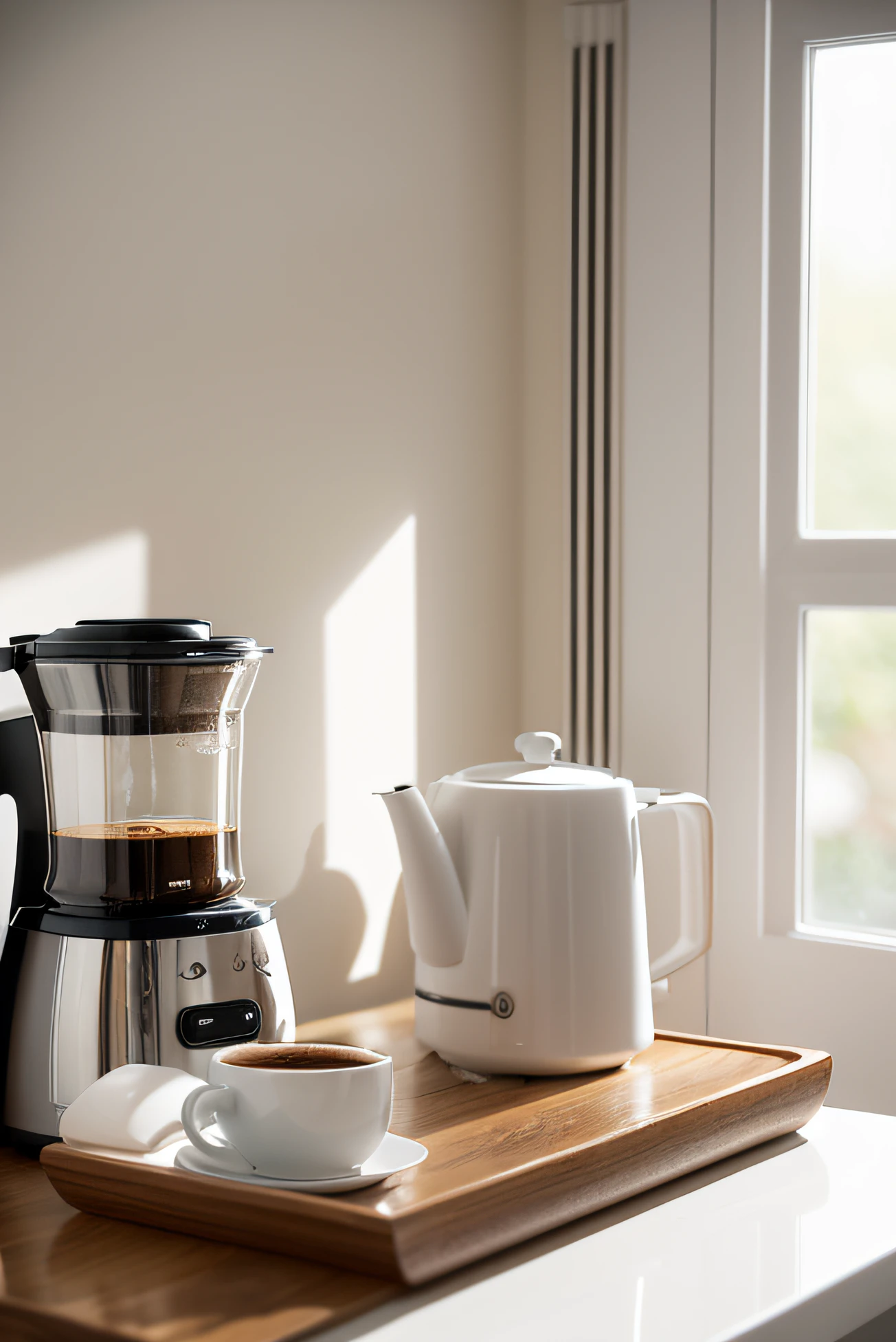 In a predominantly white kitchen,A white table placed in front,There a white coffee machine on the table。A bouquet of bright flowers placed on the coffee machine,There are a few cookies next to it。There a cup of coffee on the right side of the coffee machine,There's a croissant next to it。A few scattered coffee beans are randomly distributed in the picture,Enhanced sense of space。
well-illuminated,Focus sharp,The picture delicate and delicate,Gives a sense of realism and photorealism。This scene gives people a sense of tranquility、Comfortable and elegant feel,Full of exquisite details and quality。