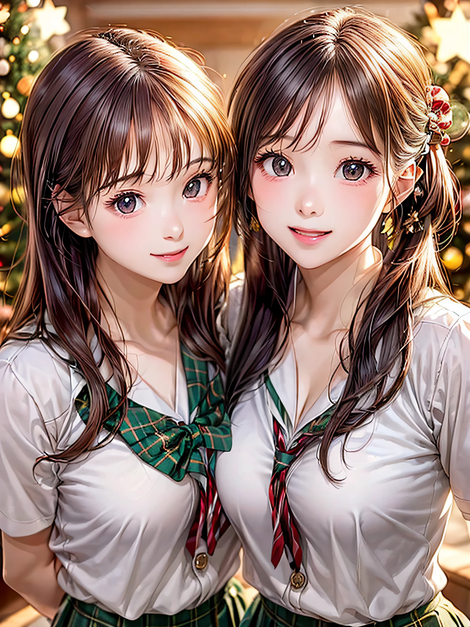 (2girls:1.4), Extremely cute, amazing face and eyes beautiful nice smile), (extremely detailed beautiful face), bright and shiny lips, (School uniform, Pleated skirt:1.3), (Best Quality:1.4), (hyper quality), (Ultra-detailed), (Hyper-realistic, Photorealsitic:1.37), Authentic skin texture, intricate-detail, extremely detailed CG unified 8k wallpaper, RAW Photos, professional photograpy, Cinematic lighting, Exposing, Christmas tree, Christmas Ornaments, Christmas Decorations, Christmas Lights, Christmas Lights,