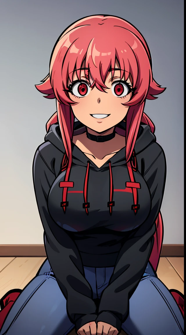 (masterpiece,4k,high quality,delicated background), 1girl, solo, gasai yuno, long hair, (red eyes:1.5), pink hair, smile, low twintails, (large breasts:1.5), (long sleeved black hoodie:1.5), (under boob:1.3), red eye (black jeans:1.5), black lace high boots, blood splatter, blood stain, blood stained clothes, (crazy expression,crazy eyes,crazy smile), Choker with Buckle,