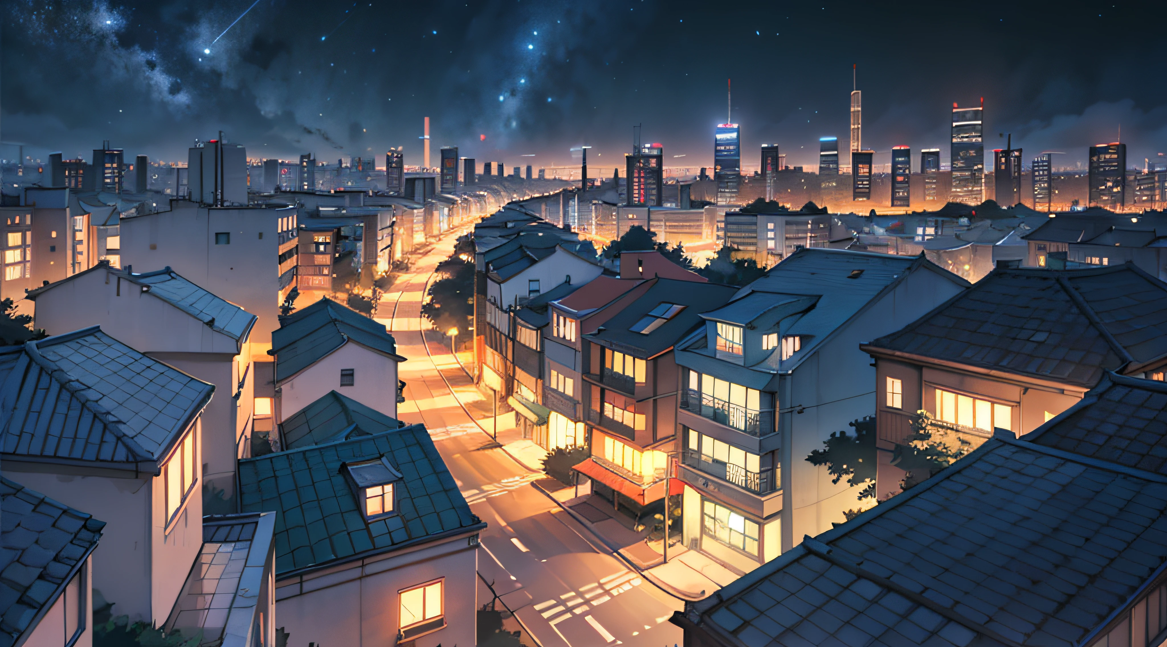Night view of Sao Paulo city with many buildings and airplanes flying overhead, hd anime cityscape, Quiet night. Digital Illustration, Inspired by Makoto Shinkai, Anime Background Art, arte de fundo, In Makoto Shinkai style, Estilo anime streetscape, Stylized urban fantasy art, Nocturnal cityscape, Beautiful cityscape, nighttime scene, Illustration Matte Painting