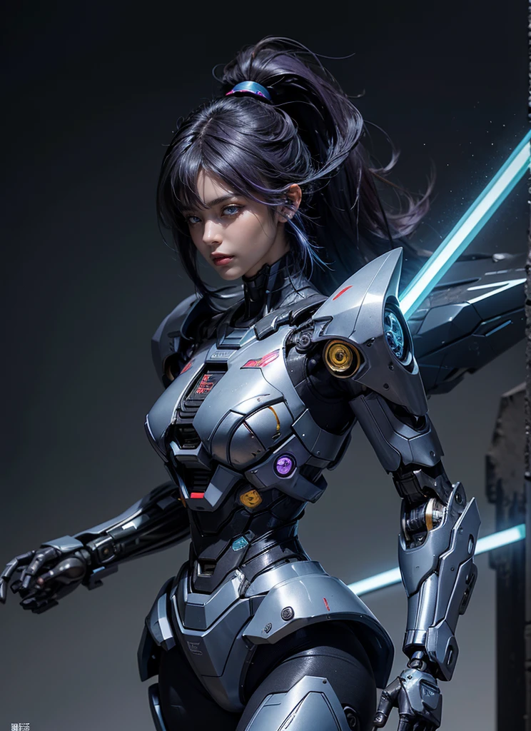 Textured skin, Super Detail, high details, High quality, Best Quality, hight resolution, 1080p, hard disk, Beautiful,(cyborgs),2 females,beautiful cyborg woman,Mecha Cyborg Girl,Battle Mode,Girl with a Mecha Body, Dark Purple and turquoise body colour, pighair hairstyle, Dark blue hair, cat headband, She wears a battle cyborg mech with a neon sword, Fulll body Shot, cracked wall background.