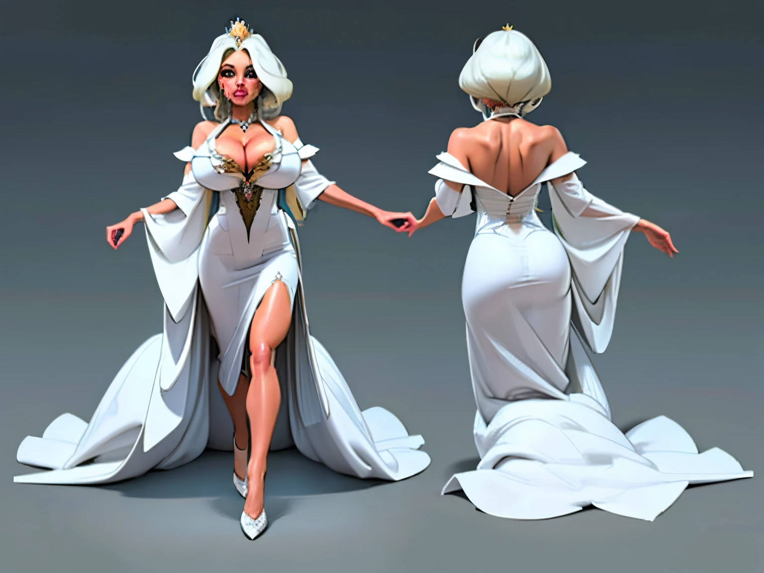 ((masterpiece)),(((best quality))),(character design sheet,same character,front,side,back),illustration,（Very detailed CG unity 8K wallpaper） best qualtiy，cinematic lighting，detailed back ground，（Very fine and beautiful），（Beautiful and detailed eye description），ultra - detailed，masterpiece，））A high resolution，ultra - detailed）,1 girl,silver hair,princess cut,hair on eyes,beautiful eyes,environment Scene change, pose too, gorgeous princess dress, jewelry, crown, gorgeous, peacock aesthetic, magic, charturnbetalora, ( background, white background: 1.3), gigantic breasts, cleavage cutout, royalty