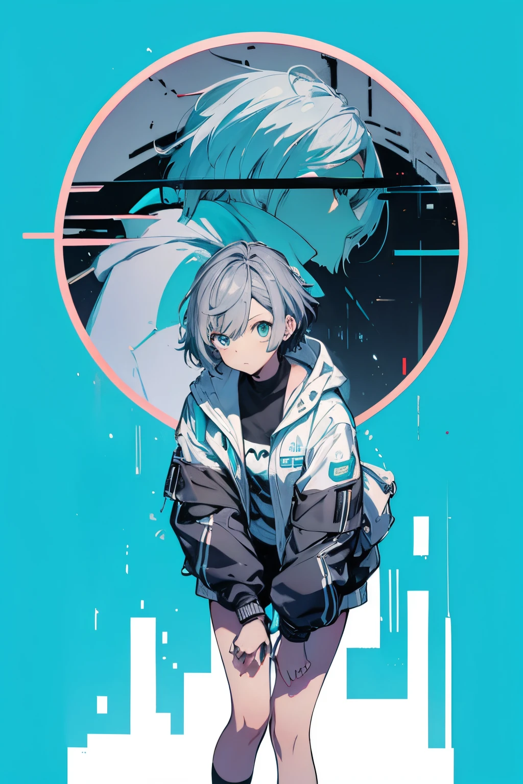 (masutepiece:1.2, Best Quality),  [1 girl in, expressioness, Turquoise eyes, gray hair, half short cut hair,White Jacket,jacket comes off, leaning forward hands on knees ,Upper body]