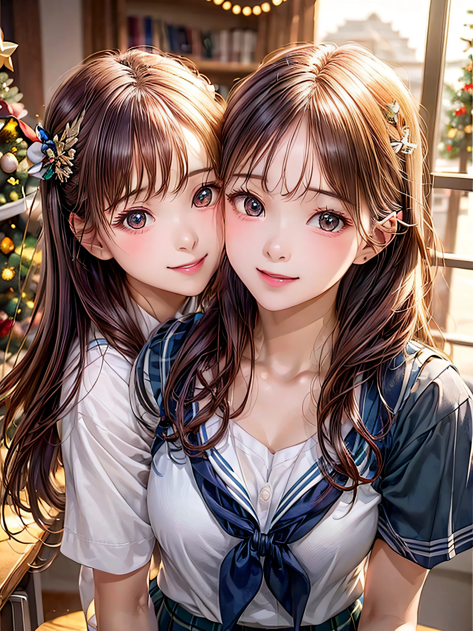 (2girls:1.4), Extremely cute, amazing face and eyes beautiful nice smile), (extremely detailed beautiful face), bright and shiny lips, (School uniform, Pleated skirt:1.3), (Best Quality:1.4), (hyper quality), (Ultra-detailed), (Hyper-realistic, Photorealsitic:1.37), Authentic skin texture, intricate-detail, extremely detailed CG unified 8k wallpaper, RAW Photos, professional photograpy, Cinematic lighting, Exposing, Christmas tree, Christmas Ornaments, Christmas Decorations, Christmas Lights, Christmas Lights,