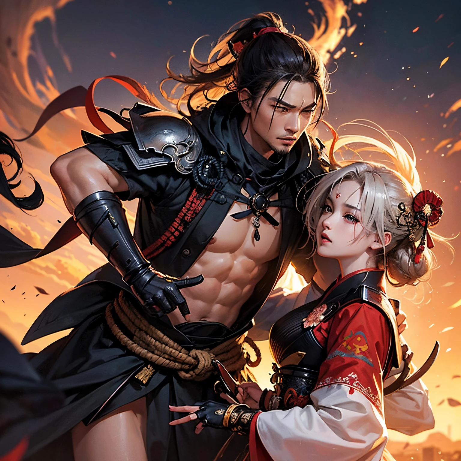 1man and 1woman, couple, beautiful vampire goddess, handsome man, brunette very long hair, man with brunette short hair, red eyes, wearing a sexy red and black dress, man in sexy suit, ultrasharp, looking at the viewer, ((best quality)), ((masterpiece)), (detailed), perfect face, big breast, sexy body, sexy man besides her, hugged, An anime scene of a boy and girl hugging and kissing intensely, with hearts and sparkles floating around them as they stand under the red cherry blossoms in a dreamy park