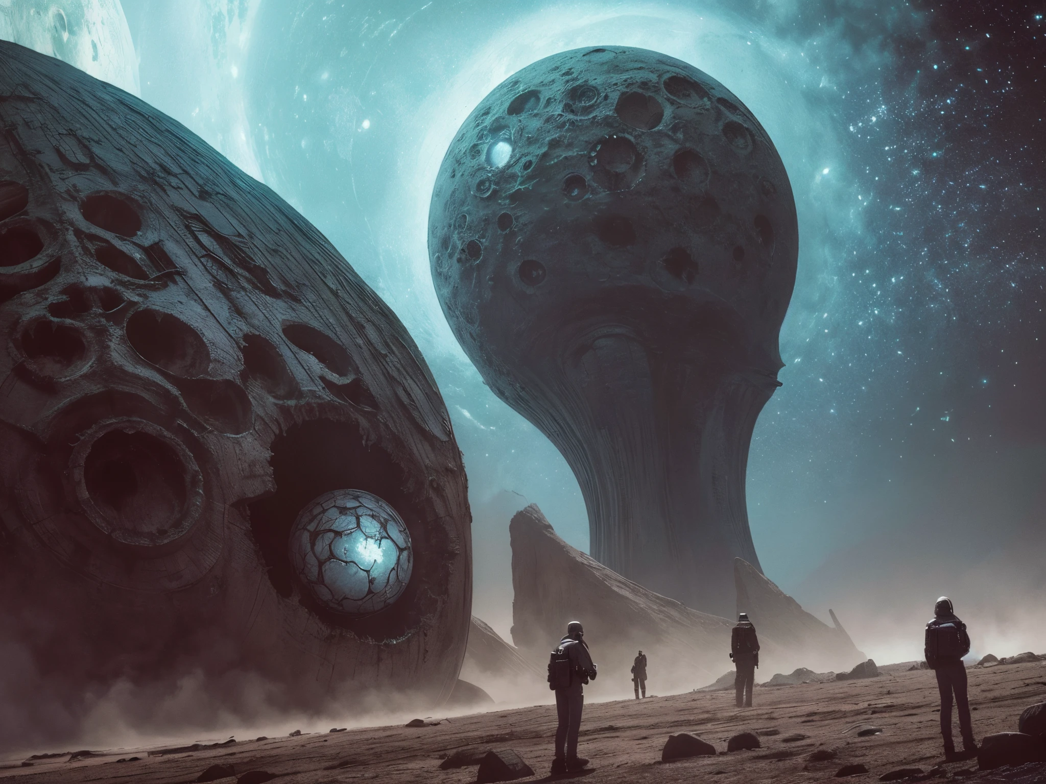 Infuse a horror element into the cosmic setting, portraying the Enterprise NCC-1701-D crew, enormous tits, encountering eerie and mysterious phenomena. Reference horror artists like Zdzisław Beksiński or Junji Ito.