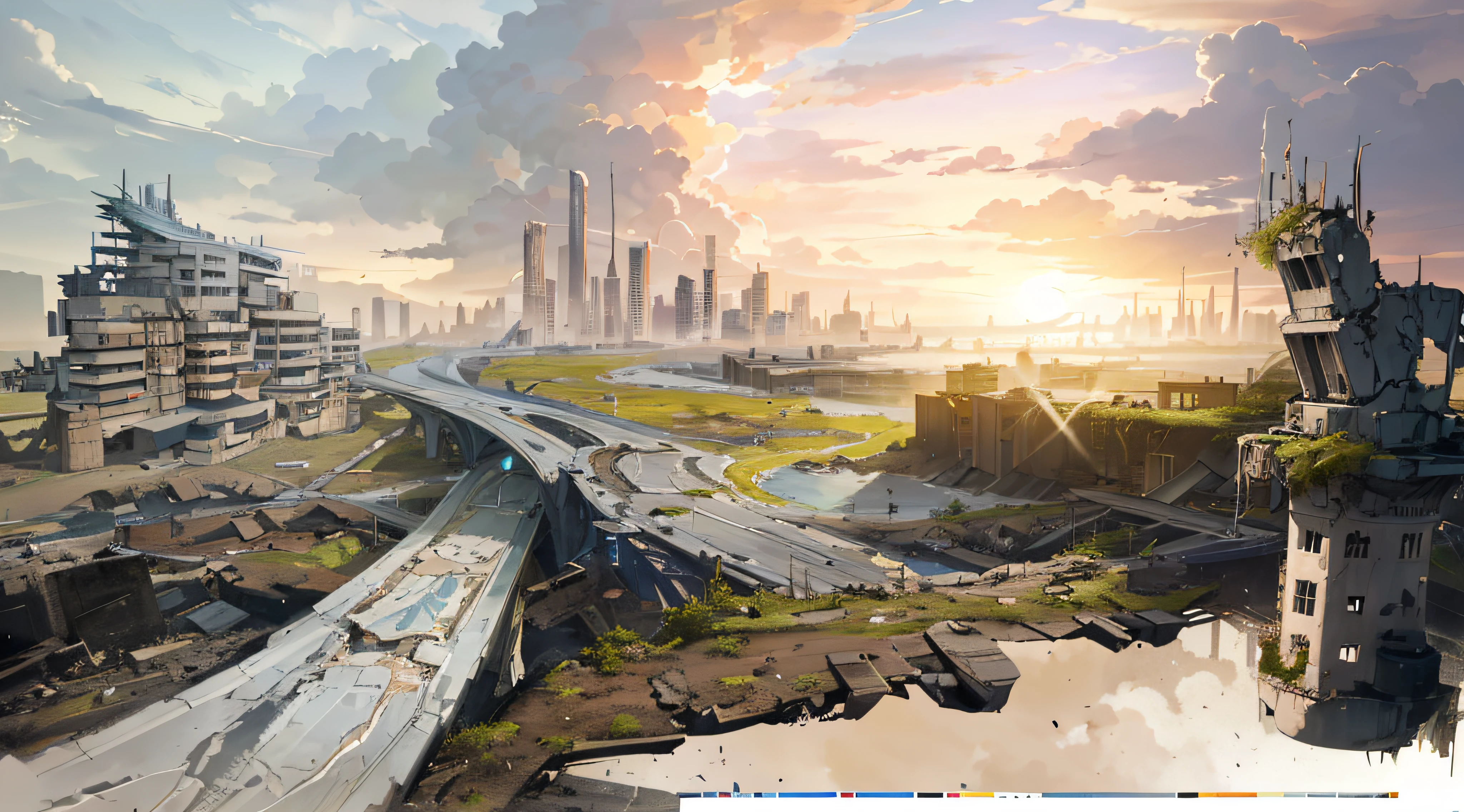 Drawing a future city with bridges and rivers, dystopian digital concept art, outdoors ruined cityscape, Environmental concept art, Matte Painting Comic Art, destroyed city in the background, cityscape ruins in the distance, Apocalyptic landscape, Ruined cityscape, post apocalyptic scenery,  Concept art, Dystopian landscape, Futuristic concept art, concept art wallpaper 4k, Apocalyptic futuristic city Realistic light effects Realistic materials