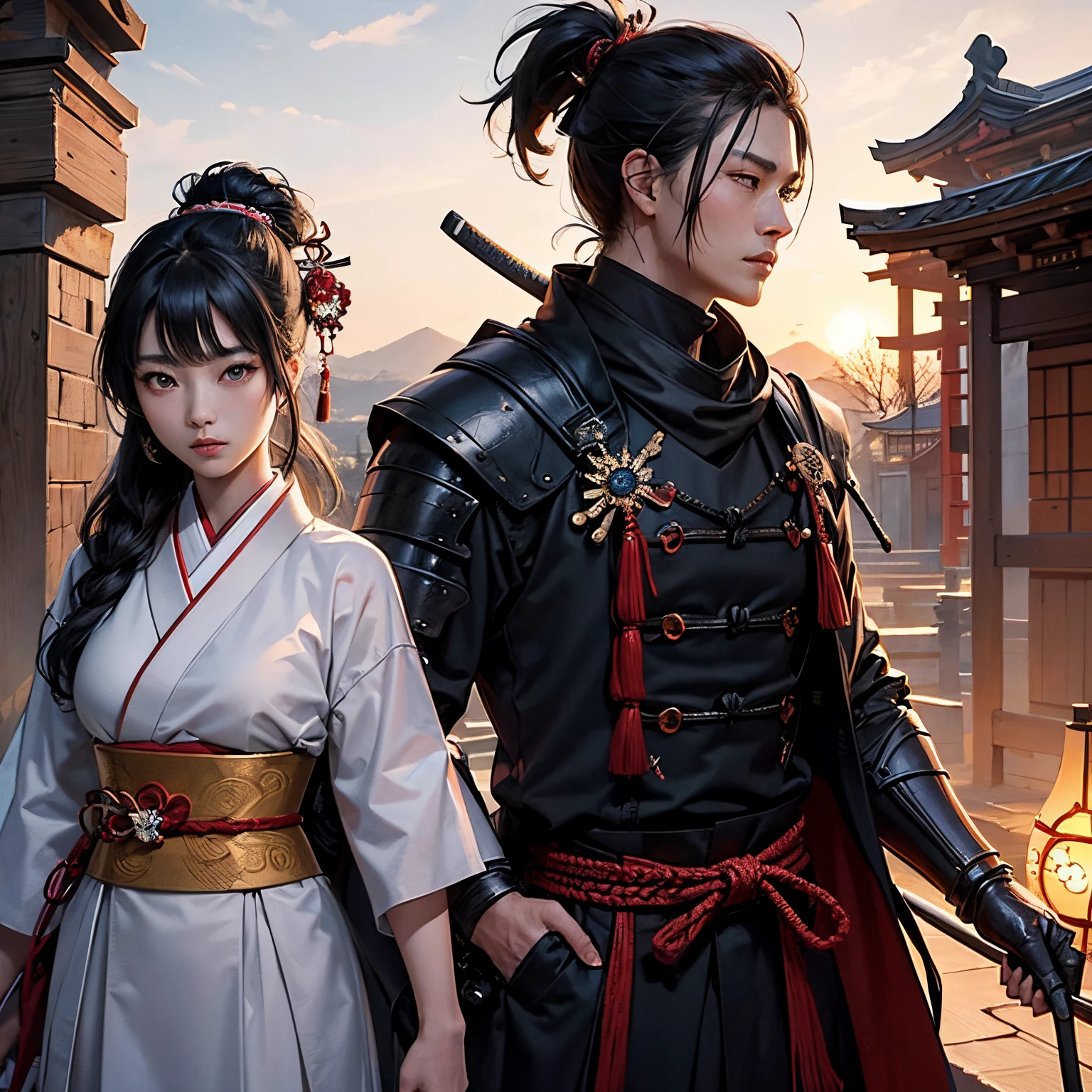 concept-art、a couple、ancientry、❴Samurai man and ninja woman❵、lovemaking、(two beautiful faces)、Japanese-style atmosphere、jpn、Beautiful depiction、dramatic compositions、A depiction that captivates viewers、Masterpiece、4K