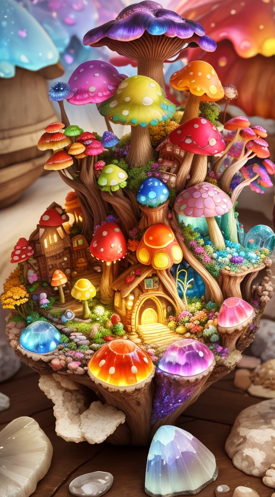 wonderful art beautiful minerals, Rainbow crystals, ultra - detailed,  world in a bottle，Light up the colorful mushroom house，a fairy world，incredible lighting, ultra - detailed, 8K, Unreal Engine5, a 3D render