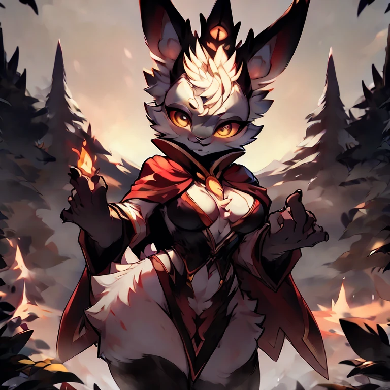 Goddess of chaos as a bunny , doing fire magic out of her hand  in the cold mountains , while wearing a white and golden cloak that have fur on it