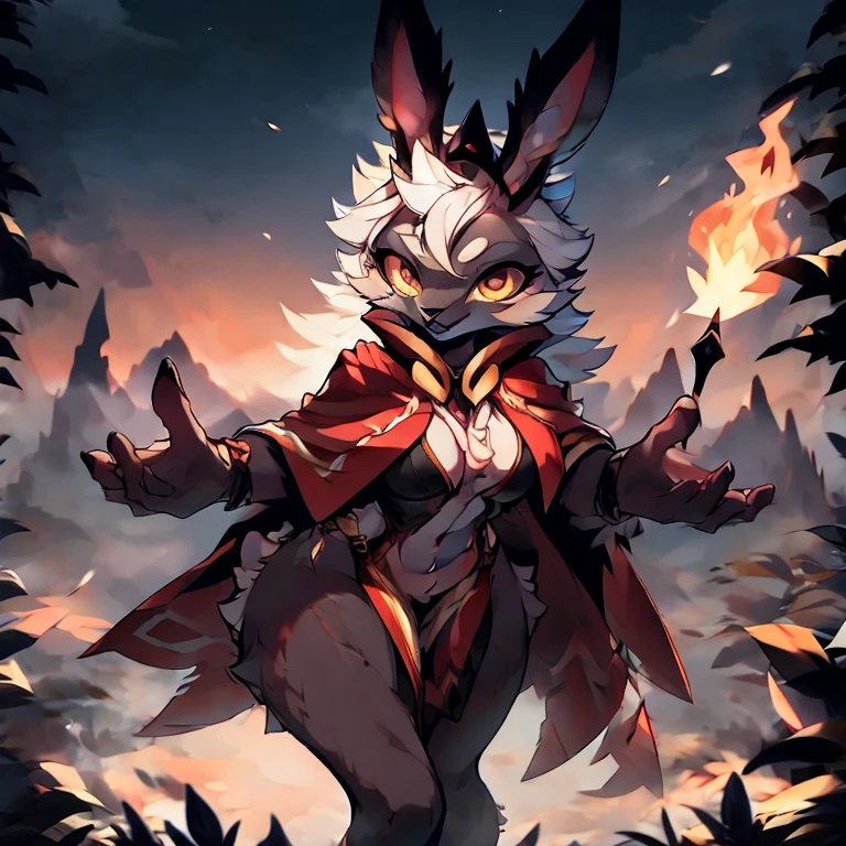 Goddess of chaos as a bunny , doing fire magic out of her hand  in the cold mountains , while wearing a white and golden cloak that have fur on it