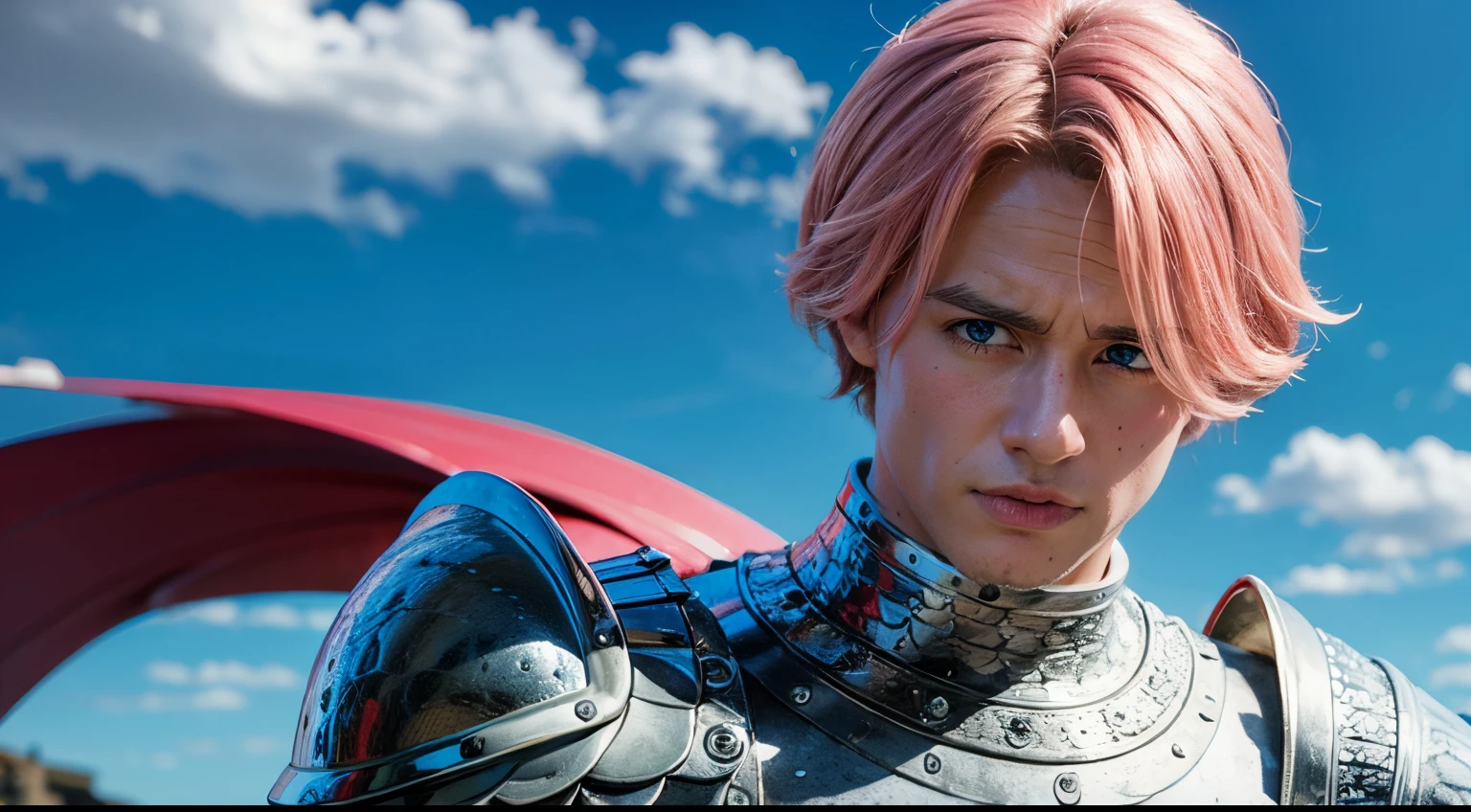 masterpiece, best quality, high quality, 1boy, solo, male focus, looking at viewer, upper body, , gilthunder_nanatsu_no_taizai, , armor, body armor, pink hair