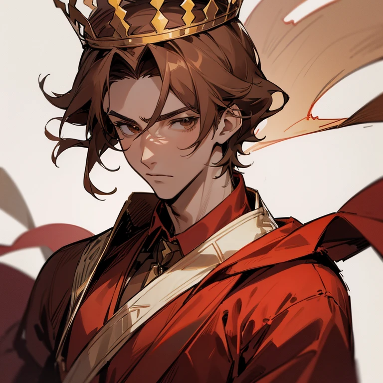 "Stunningly detailed anime sketch of a solo ((toned)) A caucasian male with a lean muscular physique with a chiseled face with brown eyes and brown hair to his neck wearing red royal robes and a crown"