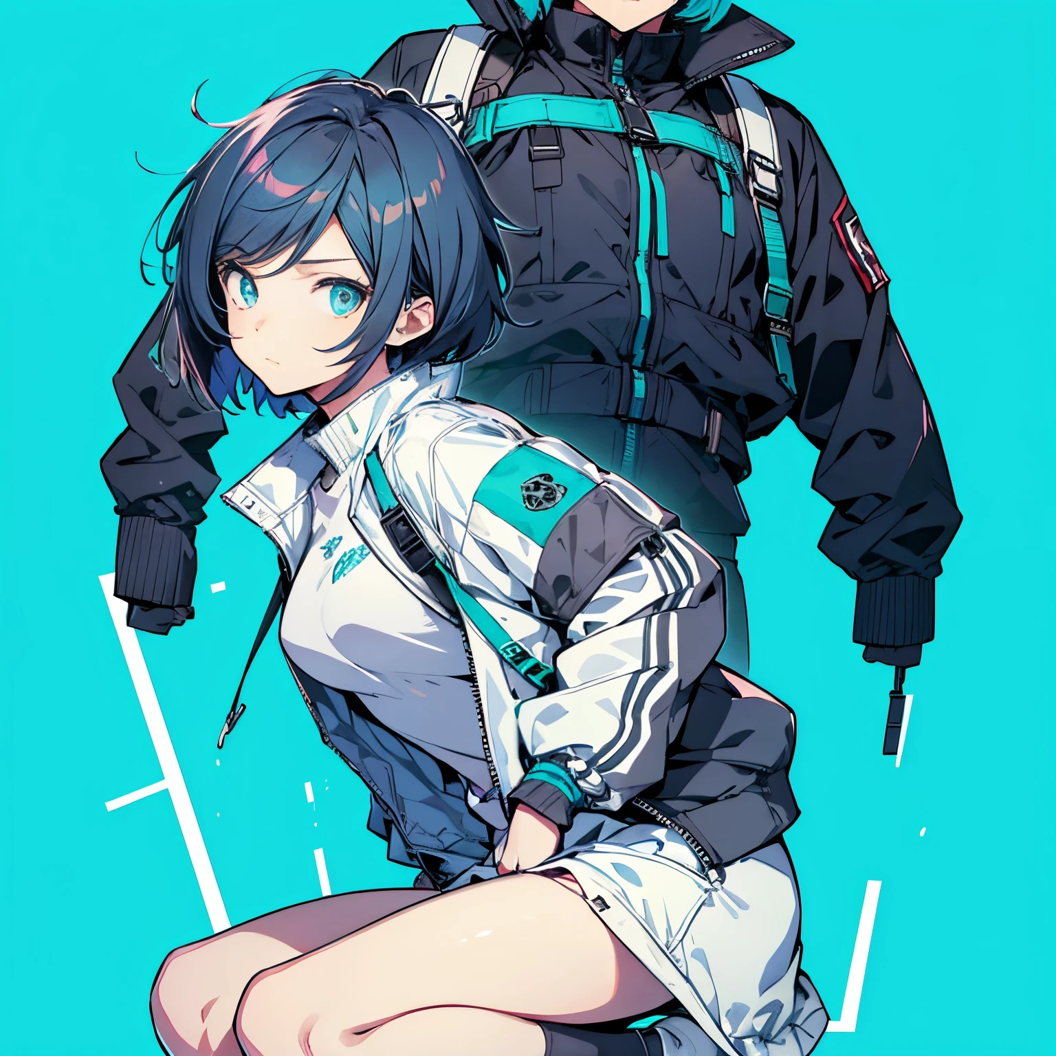 (masutepiece:1.2, Best Quality),  [1 girl in, expressioness, Turquoise eyes, Slate-gray hair, half short cut hair,White Jacket,jacket comes off, leaning forward hands on knees ,Upper body]