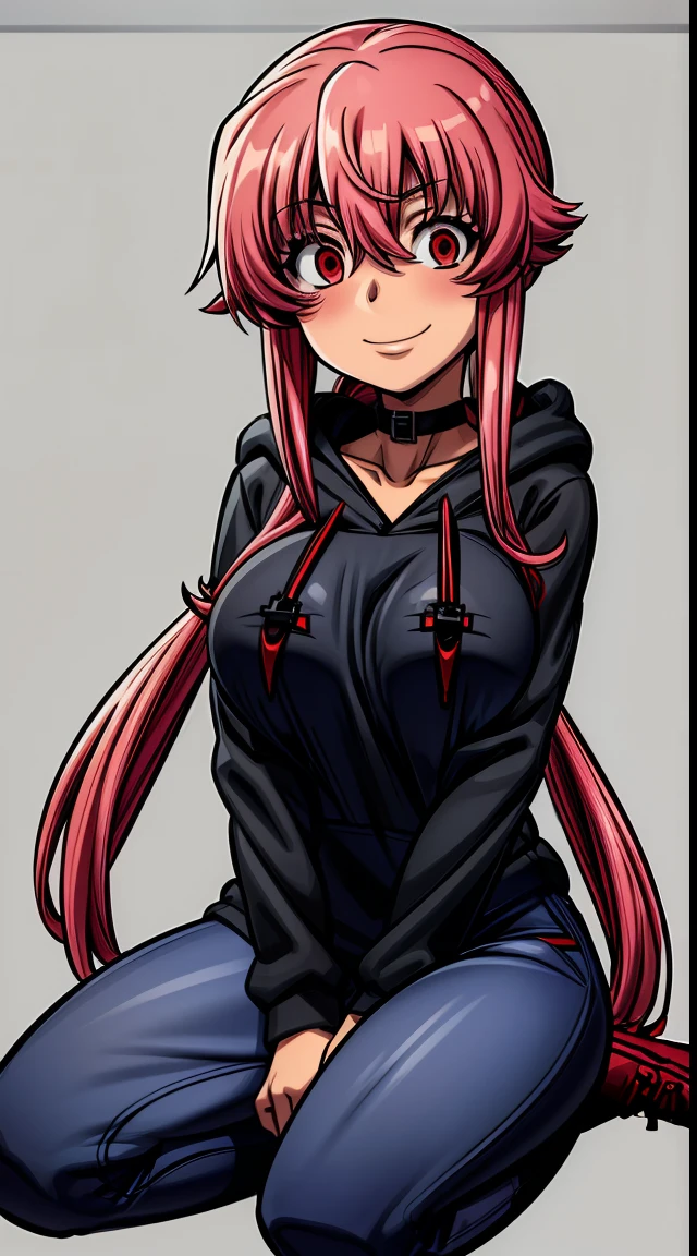 (masterpiece,4k,high quality,delicated background), 1girl, solo, gasai yuno, long hair, (pink eyes:1.5), pink hair, smile, low twintails, (large breasts:1.5), (long sleeved black hoodie:1.5), (under boob:1.5), naked breasts, red eye (black jeans:1.5), black lace high boots, blood splatter, blood stain, blood stained clothes, (crazy expression,crazy eyes,crazy smile), Choker with Buckle, (serial killer:1.5), POV, (don't run way form me)