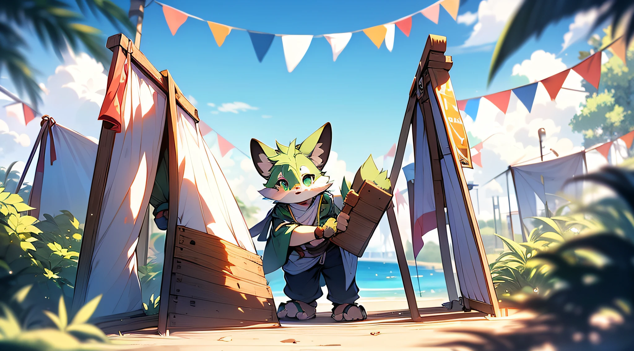 horny boy,furry wolf, green and light green hair, has a good figure, Handsome,Cute big breasts, optics:Ultimate light and shadow, Reflective skin,green colored skin,((worn-out clothing,Commoner)) ,((Seafront,flagstone road,The flag,独奏,the only person)),Outdoor sunset,((the detail)),(depth of fields),Stood up