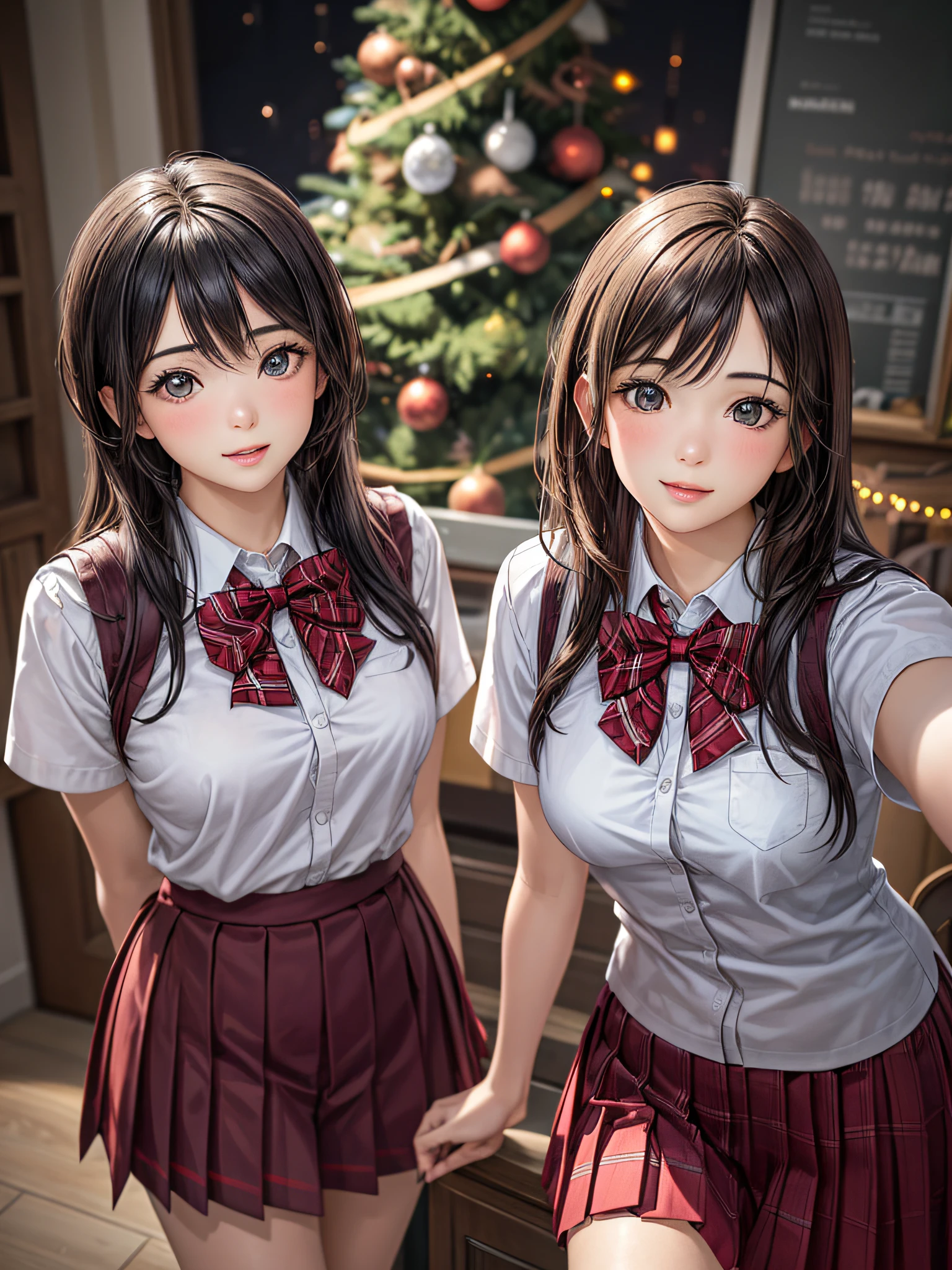 (2girls:1.4), Extremely cute, amazing face and eyes beautiful nice smile), (extremely detailed beautiful face), bright and shiny lips, (School uniform, Pleated skirt:1.3), (Best Quality:1.4), (hyper quality), (Ultra-detailed), (Hyper-realistic, Photorealsitic:1.37), Authentic skin texture, intricate-detail, extremely detailed CG unified 8k wallpaper, RAW Photos, professional photograpy, Cinematic lighting, Exposing, Christmas tree, Christmas Ornaments, Christmas Decorations, Christmas Lights, Christmas Lights,