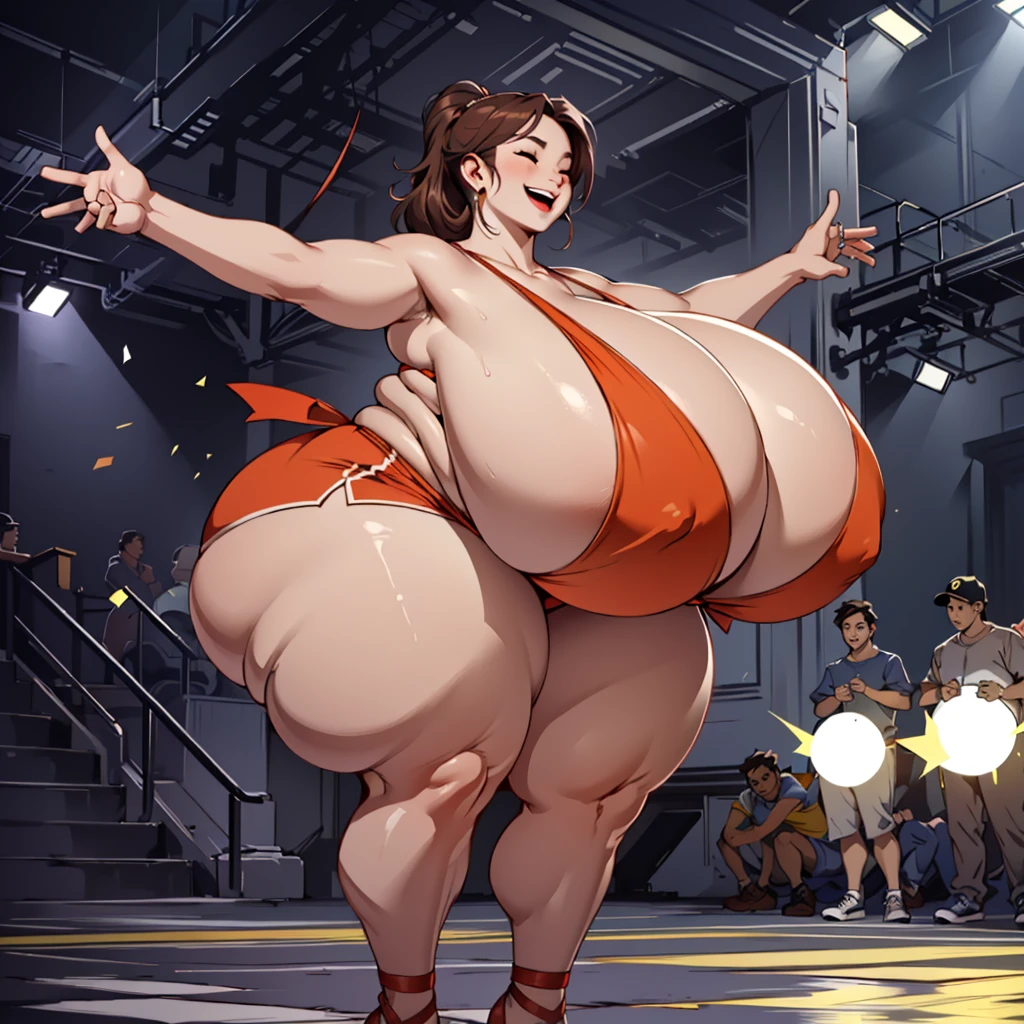 (masterpiece, best quality, highres:1.4), realistic, 1girl, Christina Hendriks, (celebrating:1.4), (arms in the air), (colossal breasts:1.3), (gigantic ass:1.2), (massive thighs:1.2), (chubby:1.2), (detailed face:1.2), (beautiful face:1.2), (skimpy:1.3) clothes, eyes closed, (smiling:1.2), (skimpy:1.4) clothes, audience