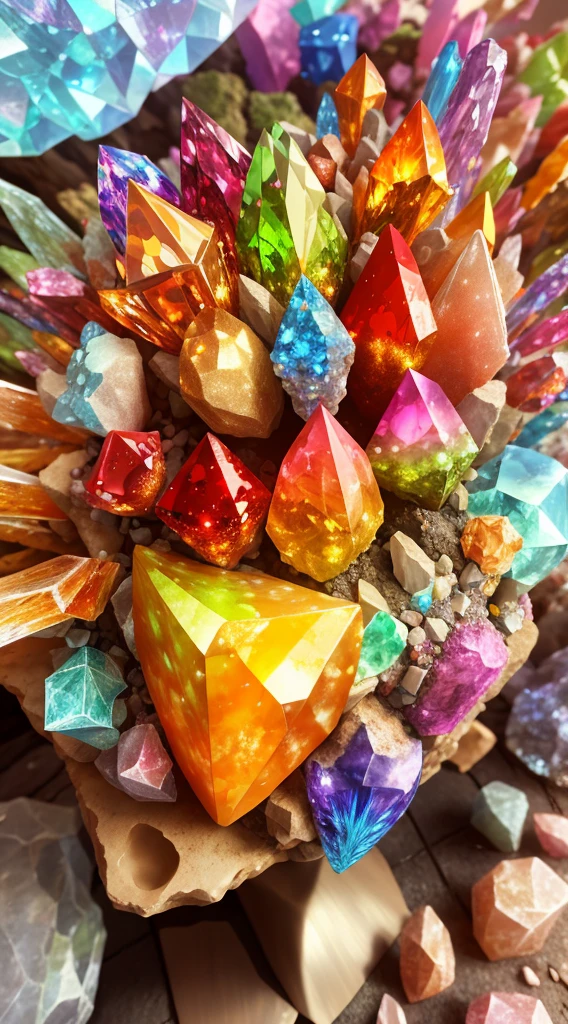 wonderful art beautiful minerals, Rainbow crystals, ultra - detailed,  world in a bottle，Light up colorful diamonds，jewely，crystal，shine，metallic  luster，Glazed color，a fairy world，incredible lighting, ultra - detailed, 8K, Unreal Engine5, a 3D render